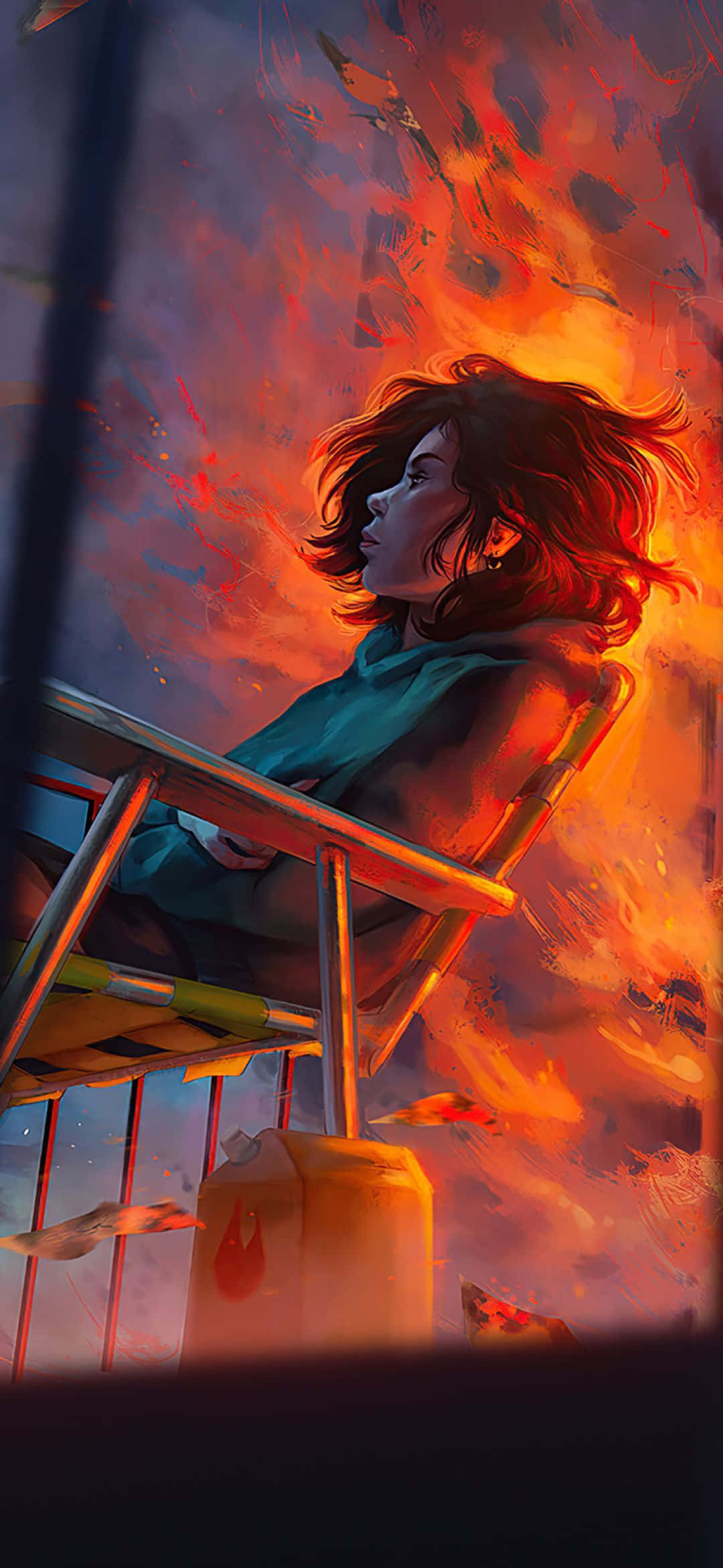 1080x2340 4K Ateşte Sandalyede Anime Kızı Duvar Kağıdı