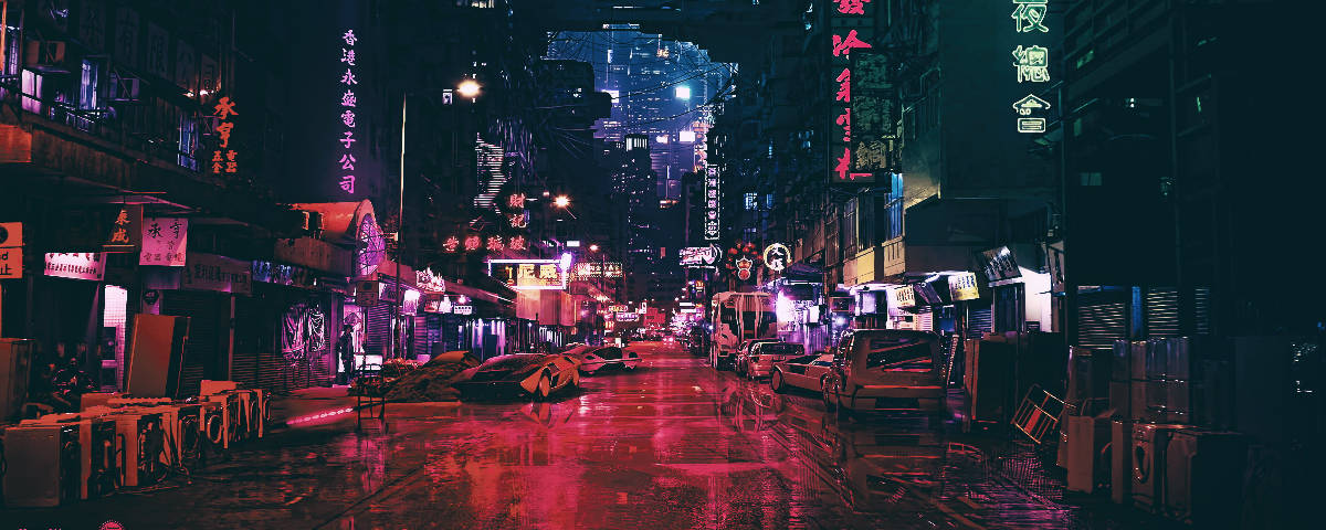 1200x48 Neon Işıklı ve Tabelalı Şehir Duvar Kağıdı