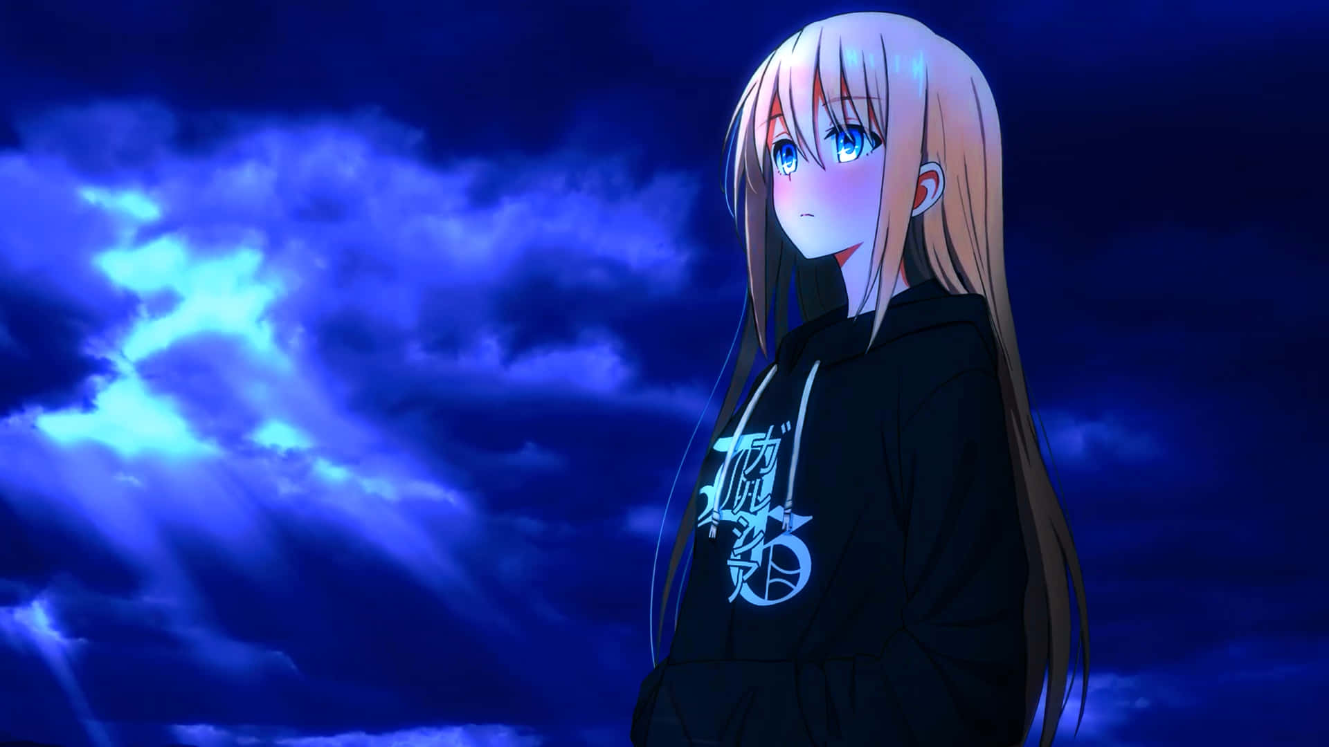 1920x1080 Anime Kızı Koyu Mavi Duvar Kağıdı