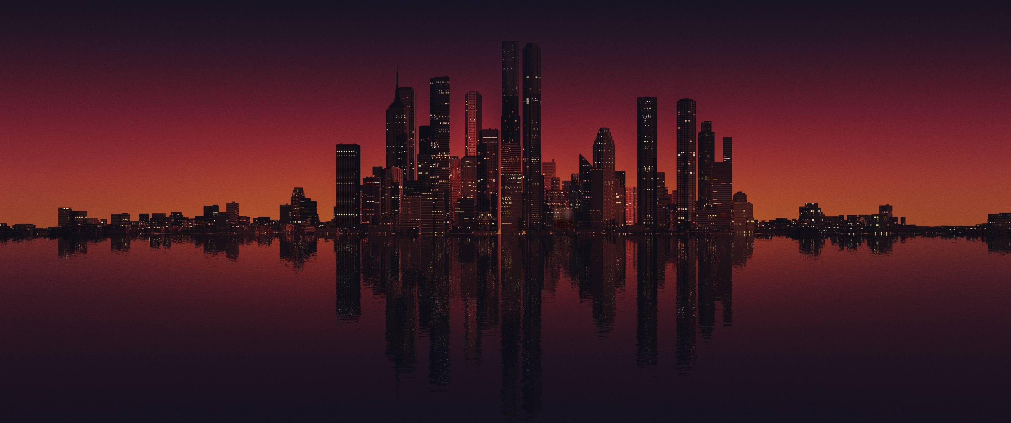 3440x1440 Minimalist Şehir Silüeti Suları Duvar Kağıdı