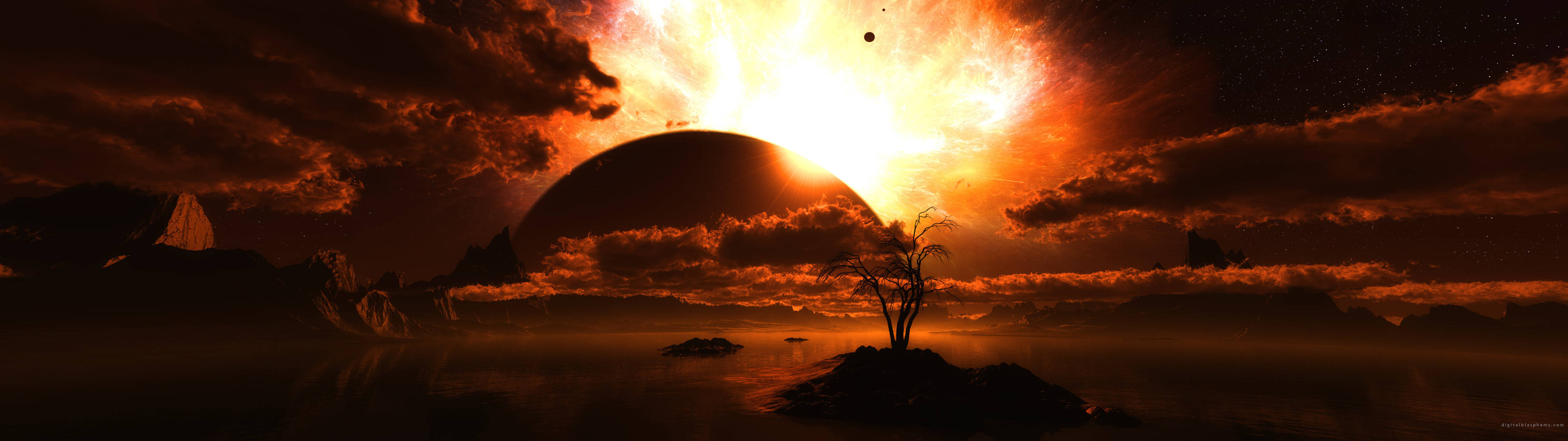 3840x1080 HD Çift Monitör Göl Güneş Işığı Duvar Kağıdı