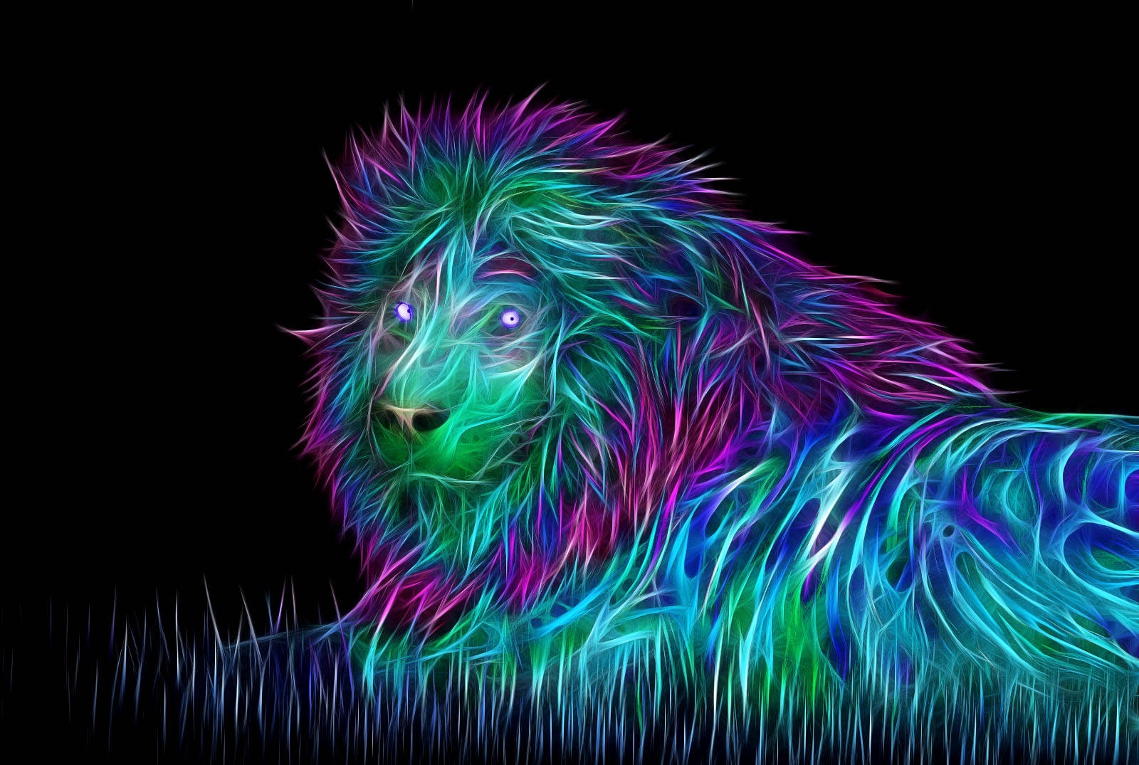 Çimlerin üzerinde yatan 3D neon aslan duvar kağıdı