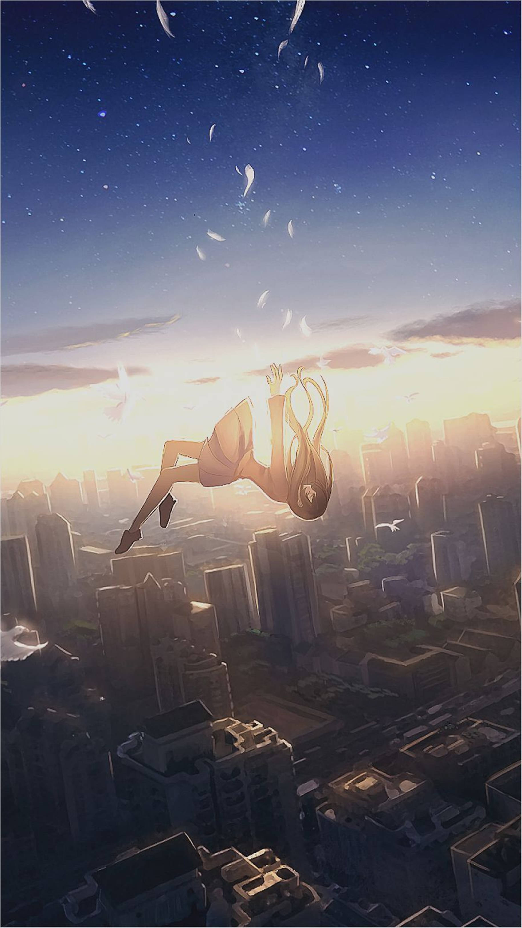 4K Anime IPhone'da Şehre Düşen Kız — 4K anime GIF Duvar Kağıdı