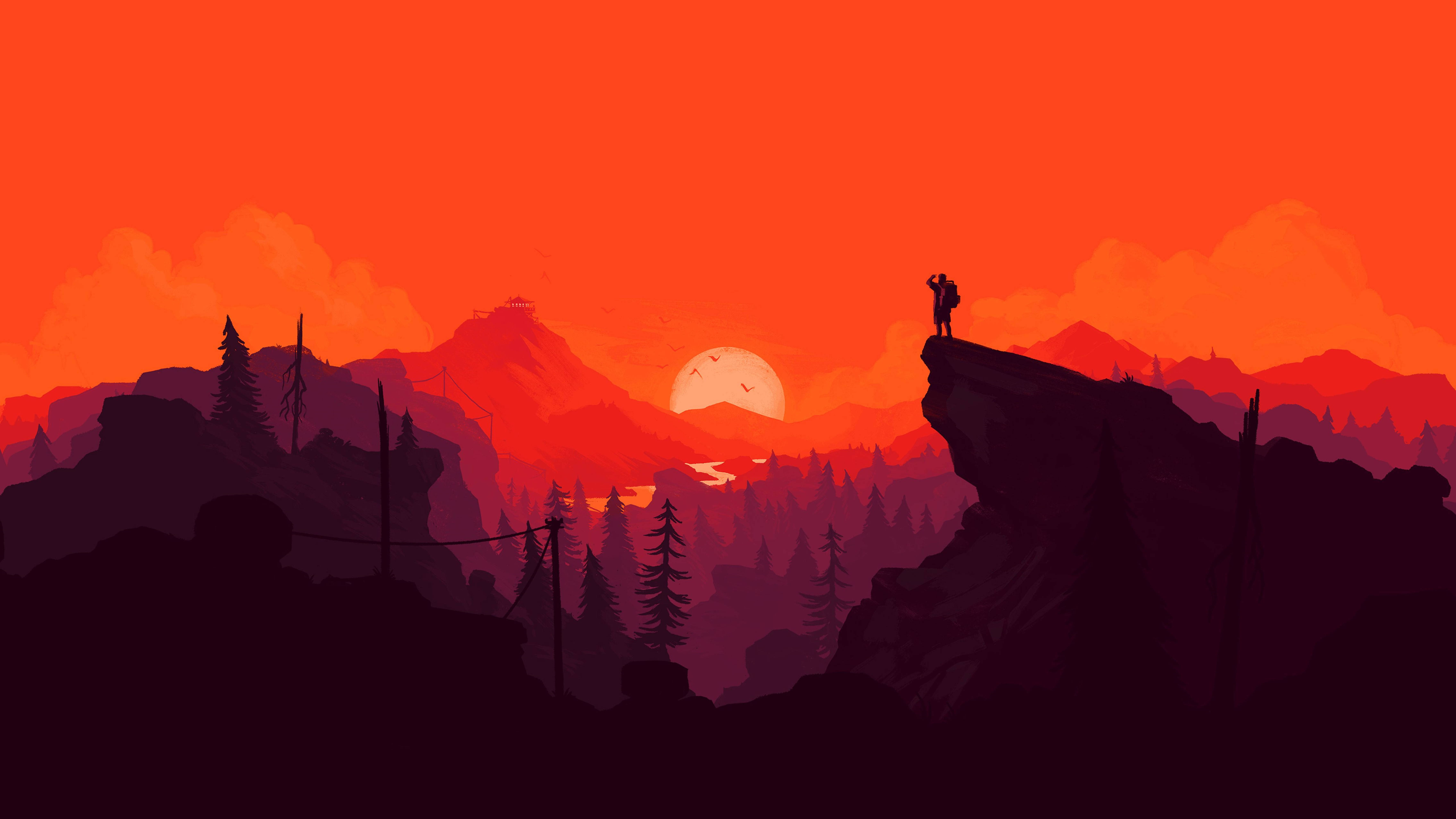 4K Firewatch Dağcı Kırmızı Dağlarda Duvar Kağıdı