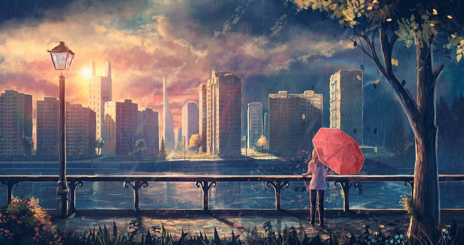 4K Hareketli Şemsiyeli Kız — Anime manzara GIF Duvar Kağıdı