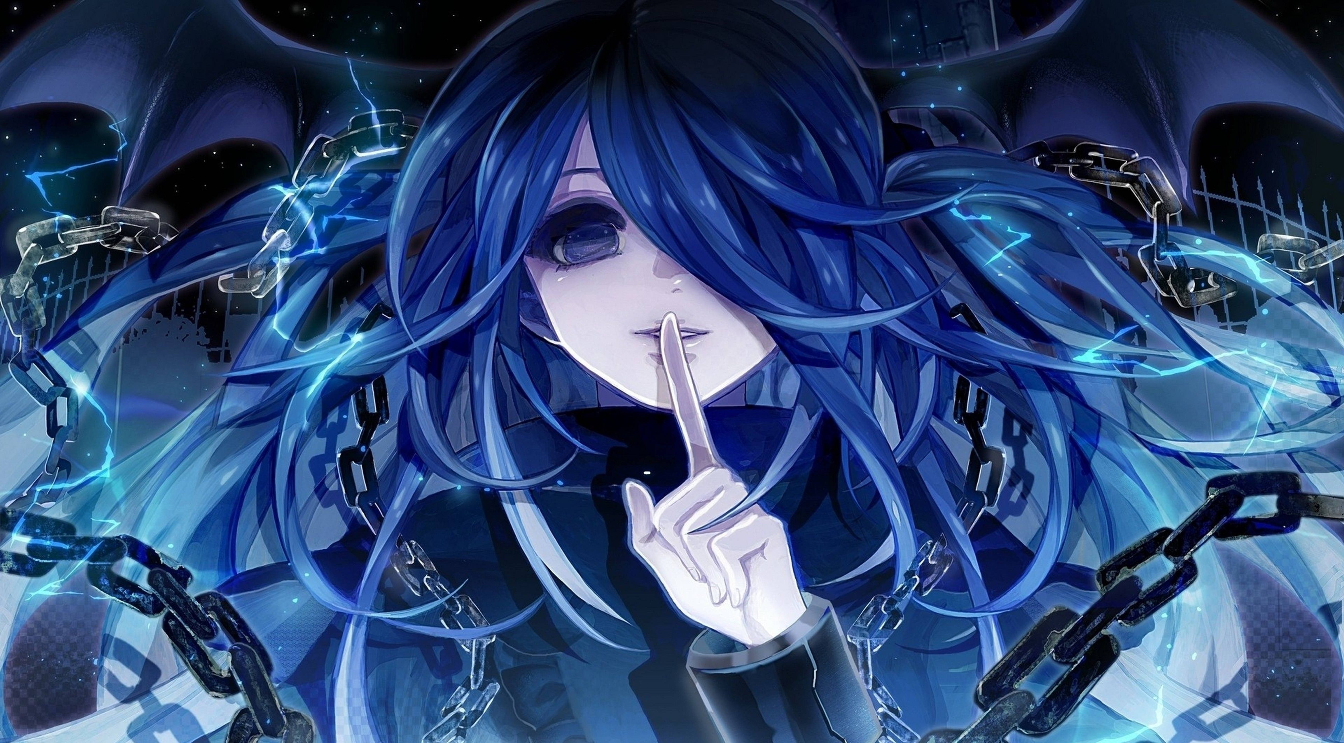 4K PFP Mavi Saçlı Anime Kızı Siyah Zincirler Duvar Kağıdı