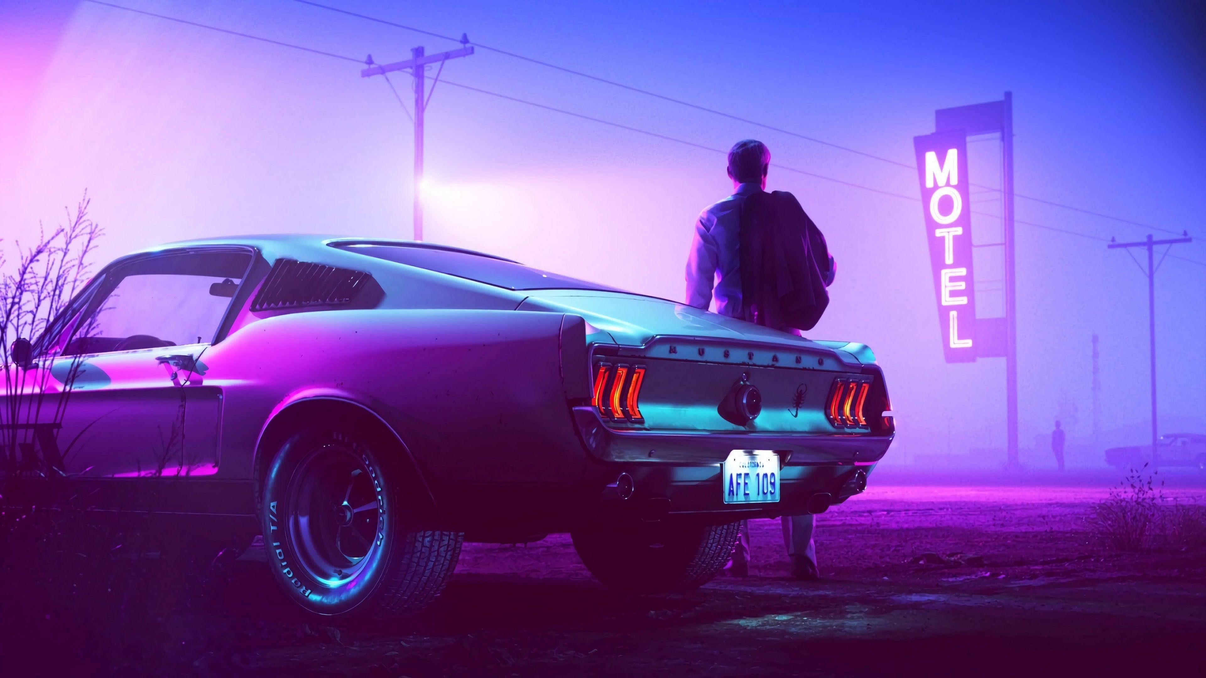 4K Ultra HD Mustang Neon Mor Duvar Kağıdı