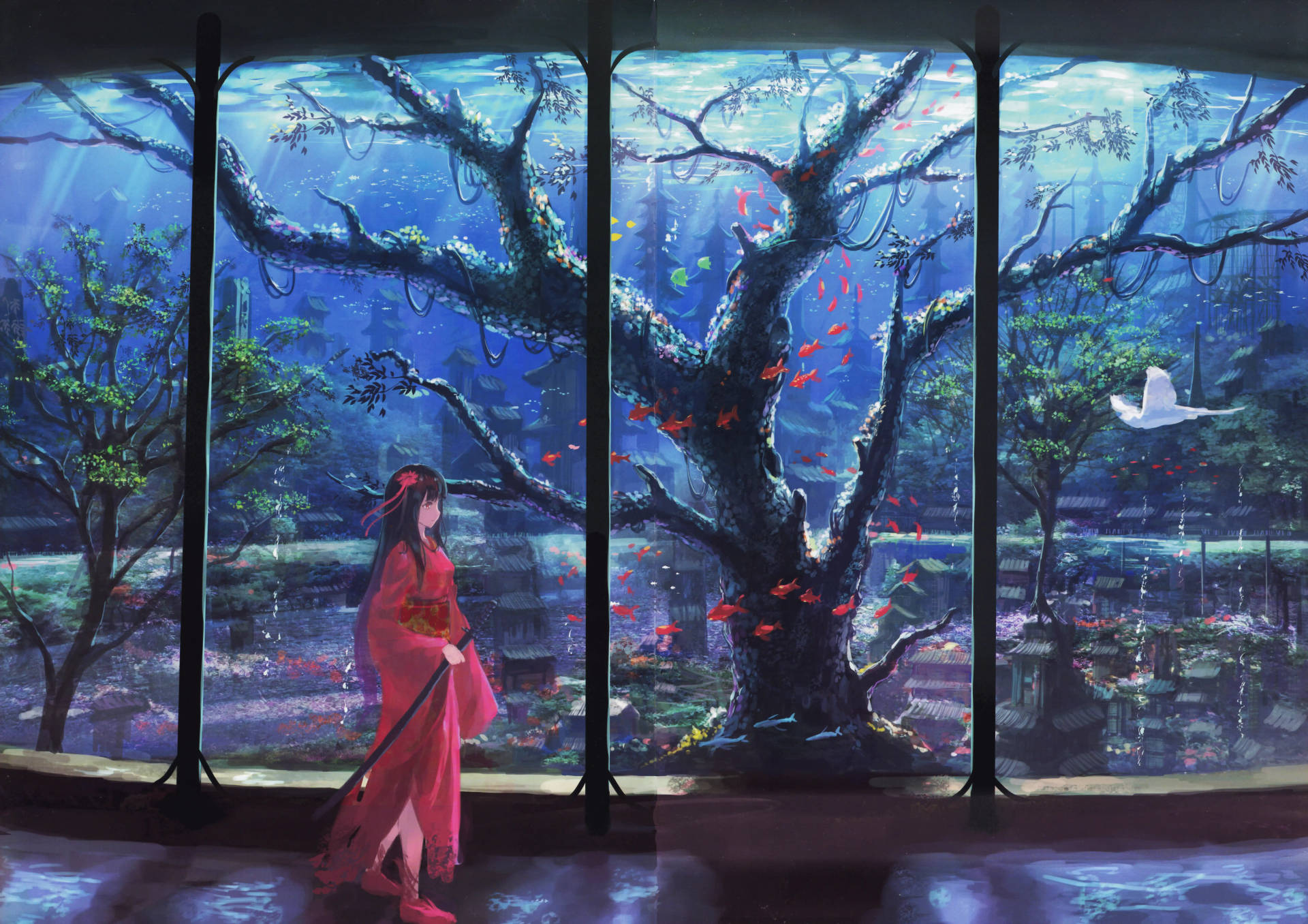 8K Anime Kimono ve Akvaryum — Anime manzara GIF Duvar Kağıdı