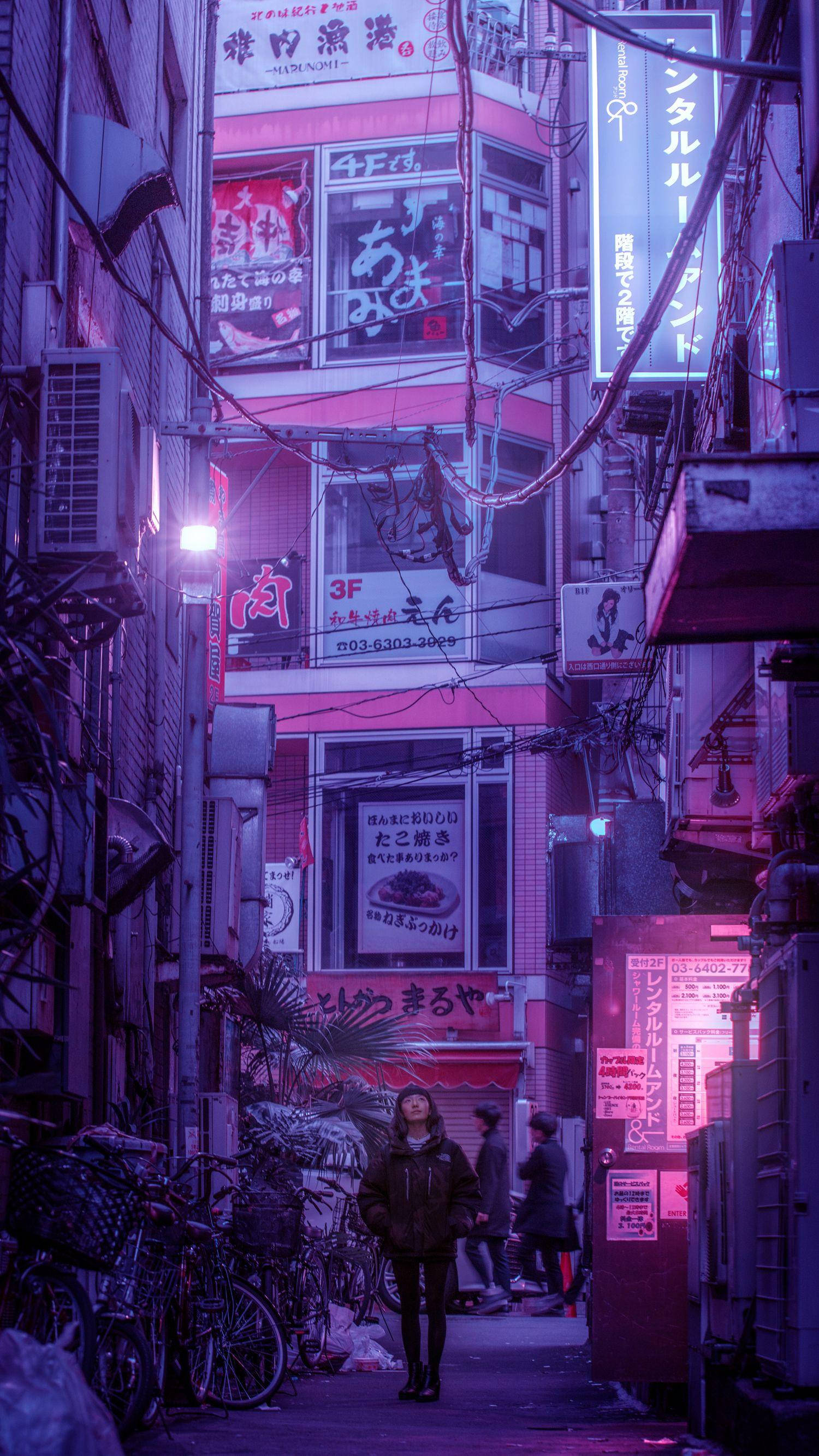 Açık Mor Estetik Japonya Sokağı Duvar Kağıdı