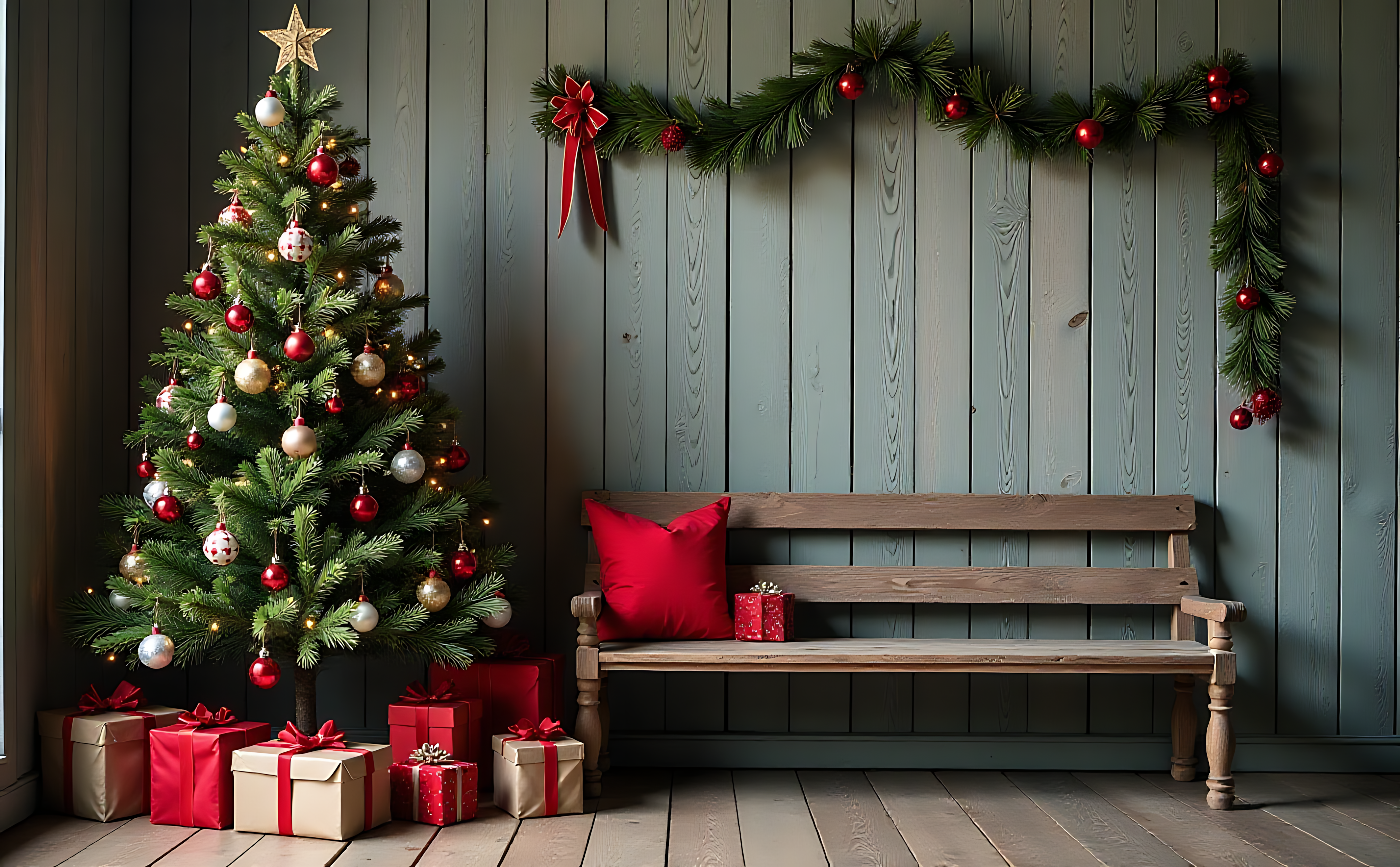 Ahşap duvar önünde hediyelerle süslenmiş Noel ağacı Duvar Kağıdı