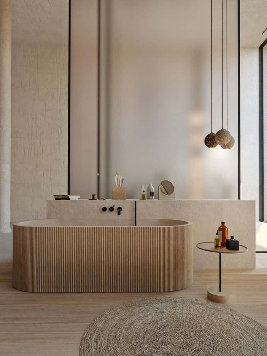 ahşap küvetli ve ahşap zeminli bir banyo Duvar Kağıdı