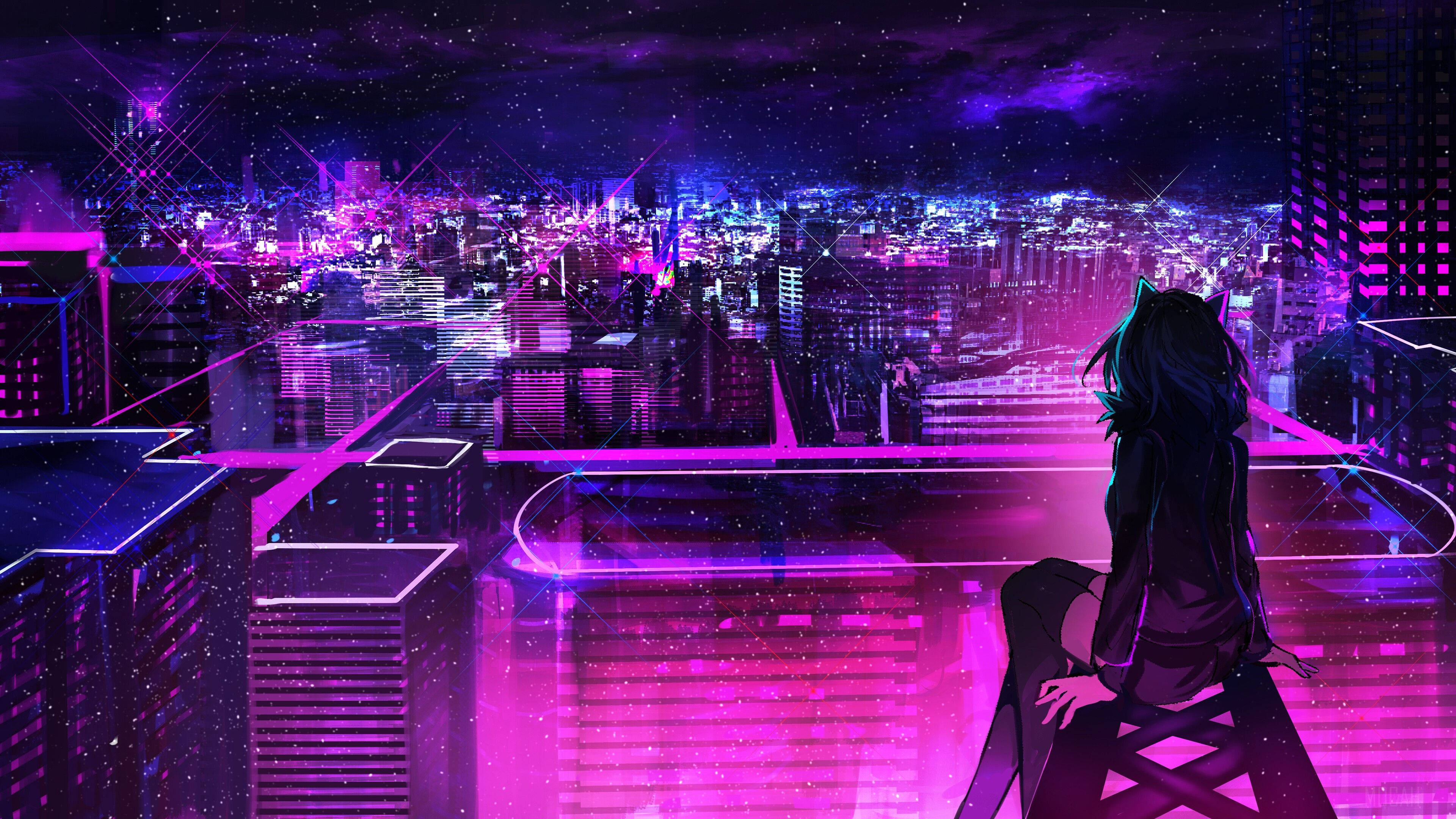 Animasyon Anime Kızı Neon Mor Şehir Duvar Kağıdı