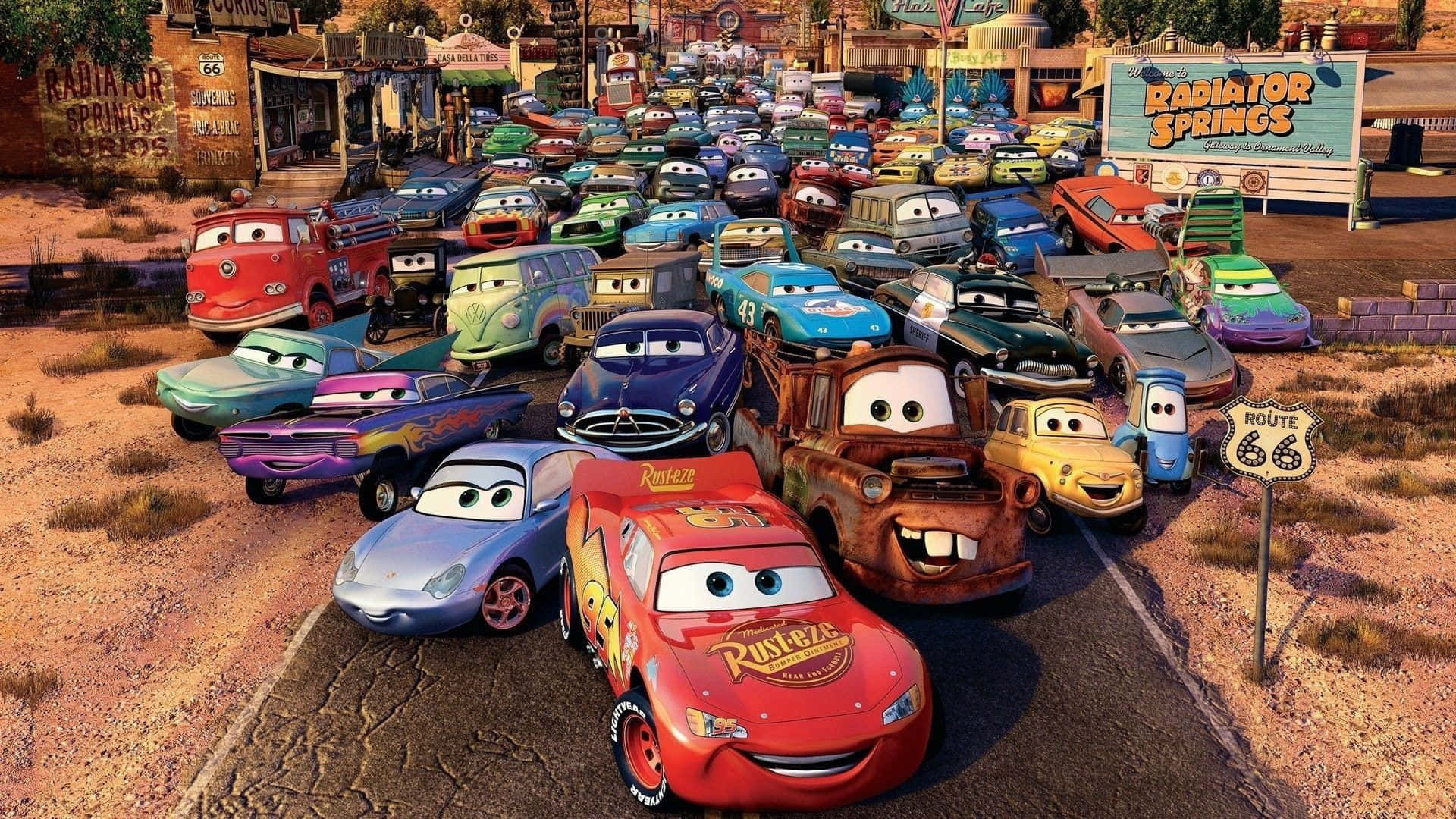 Animasyon Disney Filmi Arabalar Karakterleri Radiator Springs'te Duvar Kağıdı