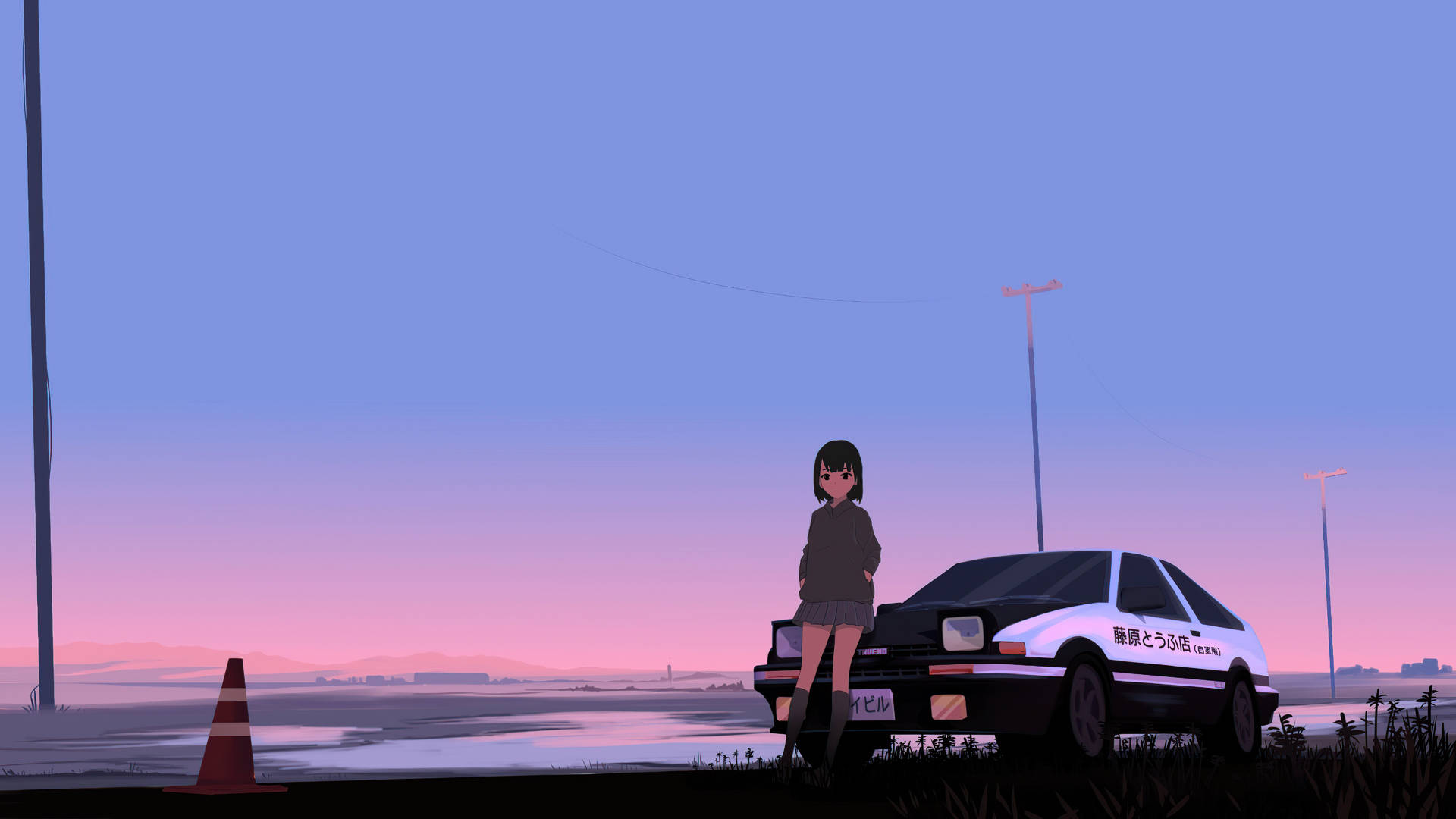 Anime Araba ve Pastel Gökyüzü Duvar Kağıdı