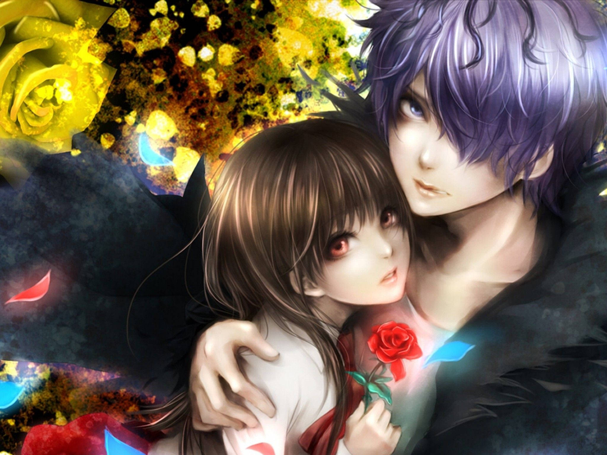 Anime Çift Gül Sarılması Duvar Kağıdı