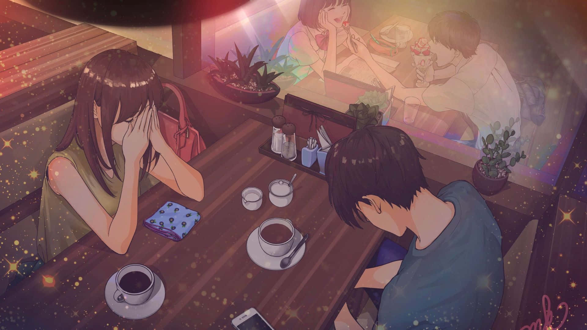 Anime Çift Kafede Arka Plan Duvar Kağıdı