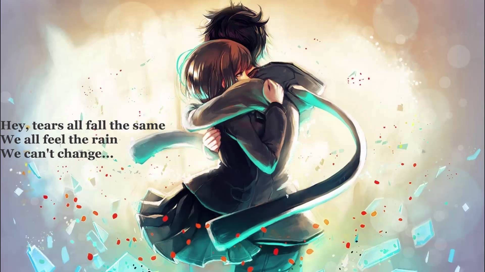 Anime Çift Sarılması ve Alıntı Duvar Kağıdı