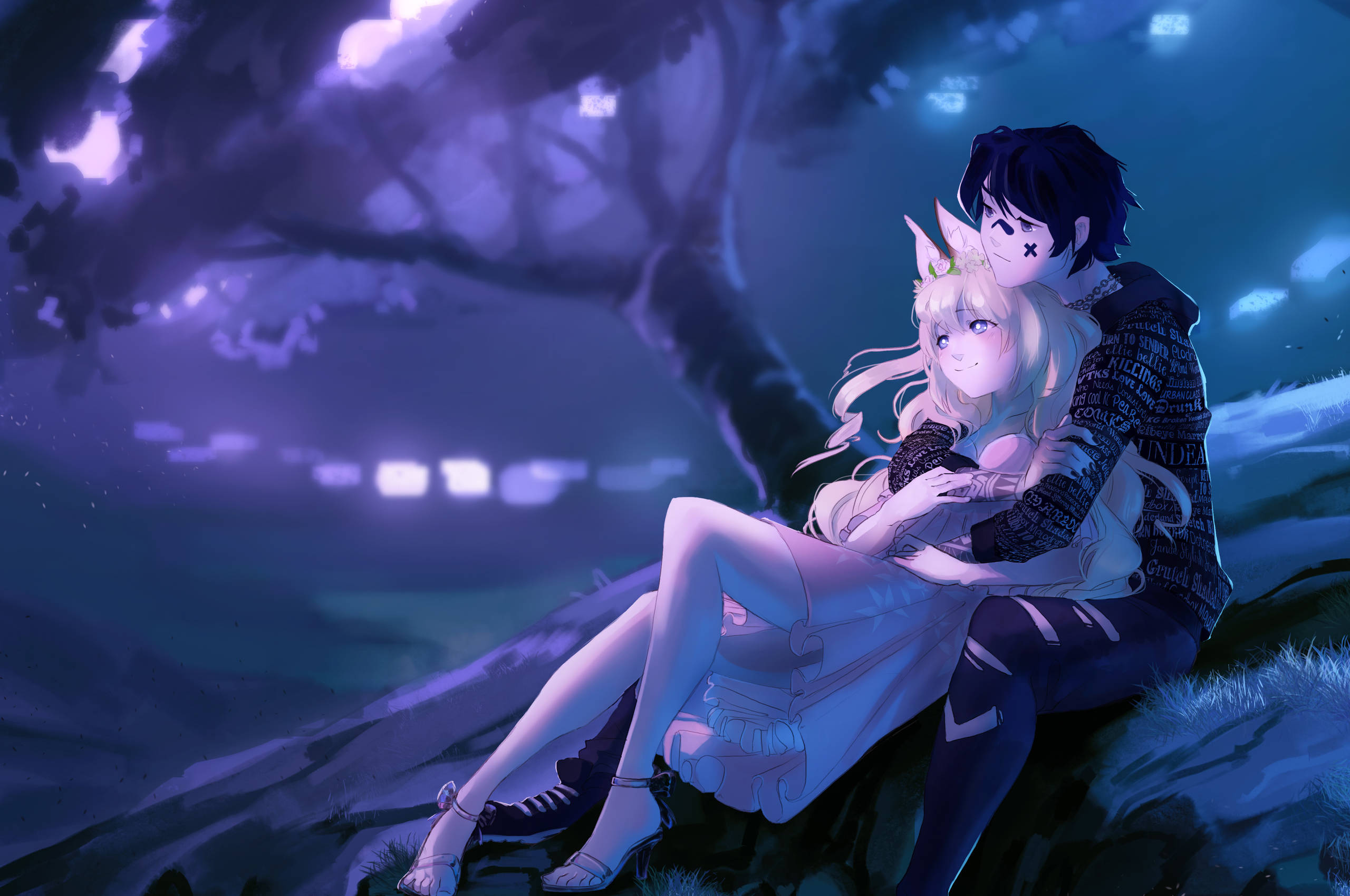 Anime Çift Sarılması Gece Duvar Kağıdı