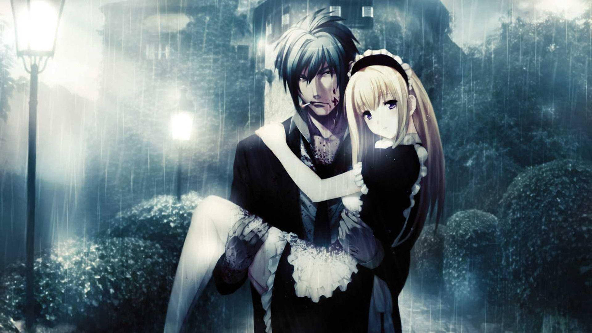 Anime Çift Yağmurda Sarılıyor Duvar Kağıdı