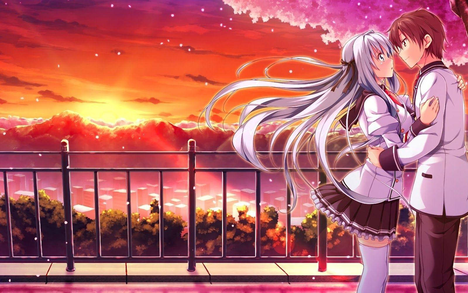 Anime Çifti Gün Batımında Sarılıyor Duvar Kağıdı