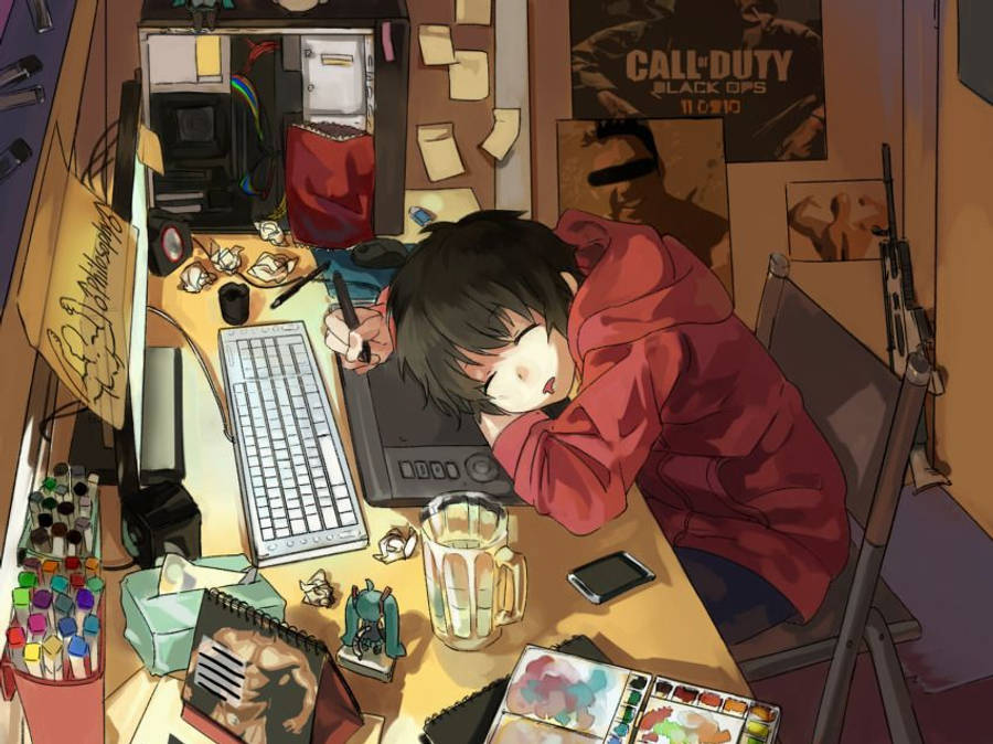 Anime Çocuk Dizüstü Bilgisayarın Trackpad'inde Uyuyor Duvar Kağıdı