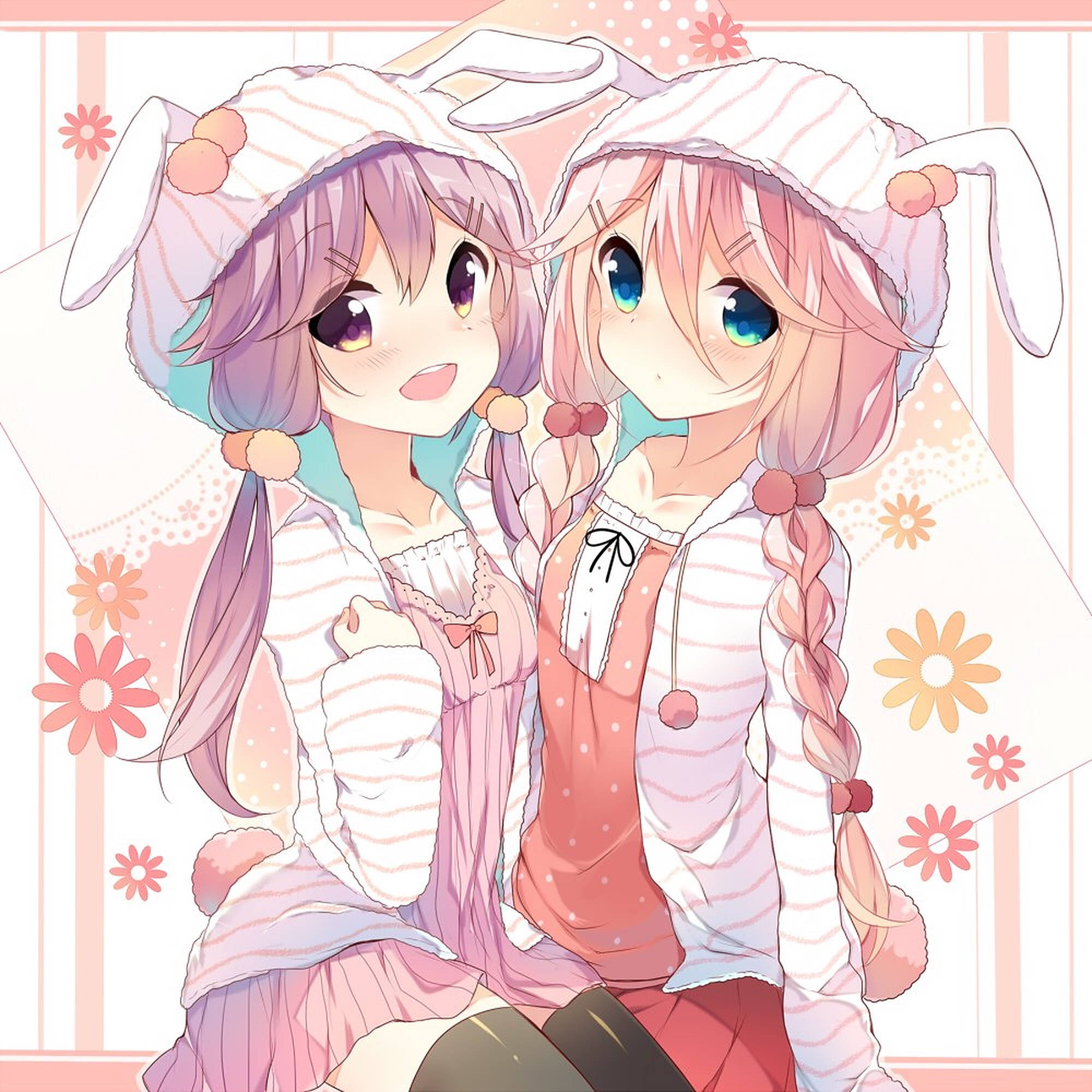 Anime Çocuklar Tavşan Kulaklıkları Duvar Kağıdı