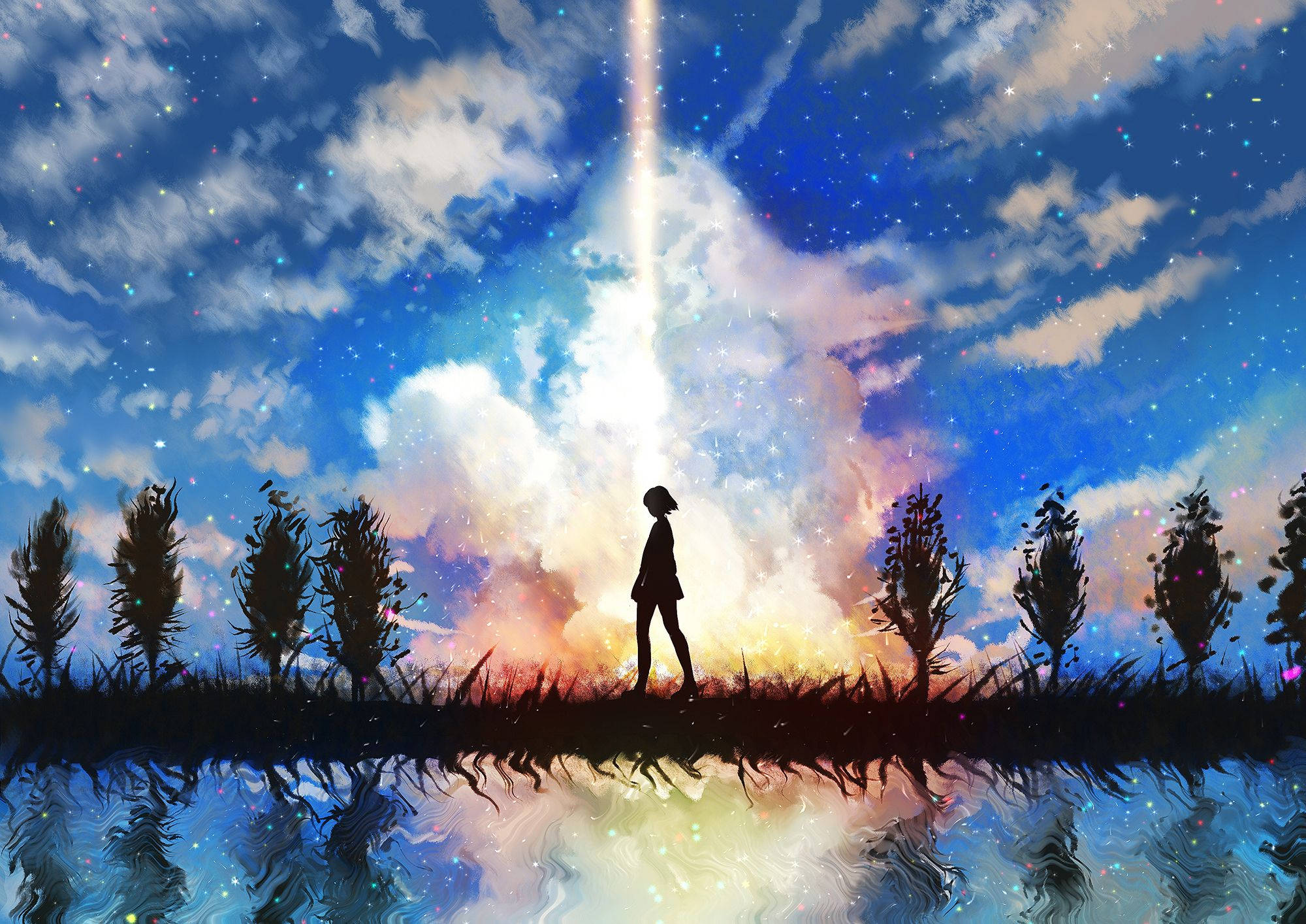 Anime Gökyüzü Yıldızlı Manzara Duvar Kağıdı
