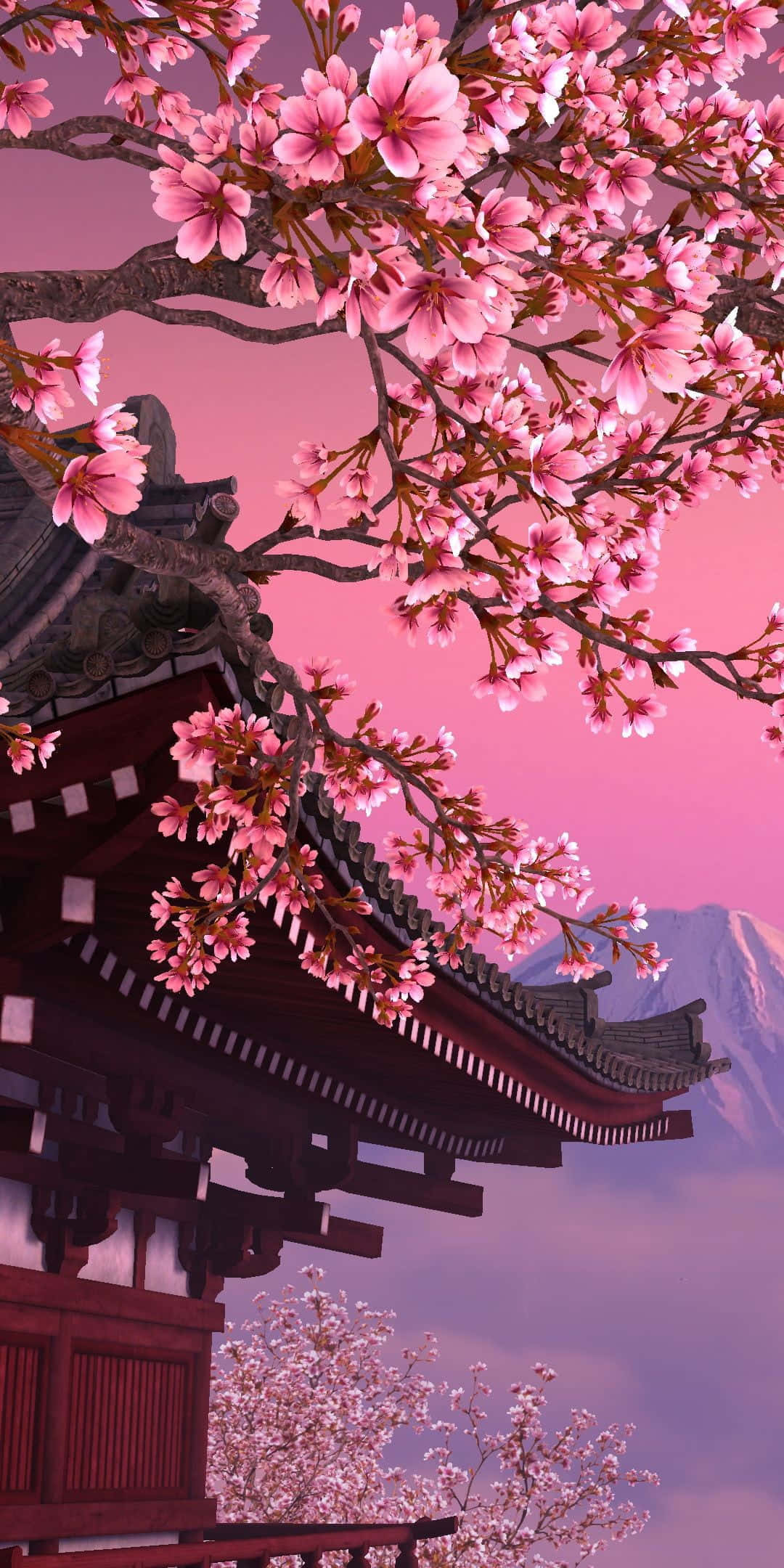 Anime Kiraz Çiçeği Japon Tapınağı Arka Planı Duvar Kağıdı