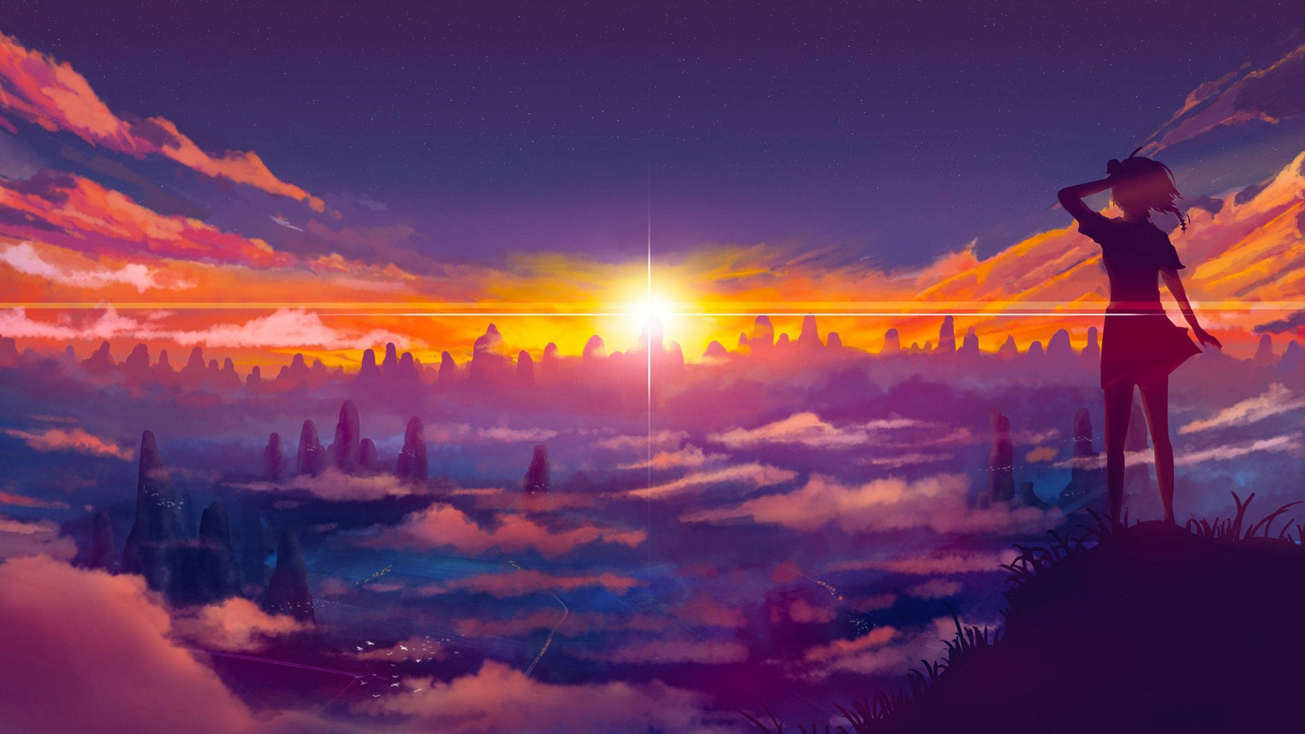 Anime Kızı Bulutlu Gün Batımı YouTube Kapağı Duvar Kağıdı