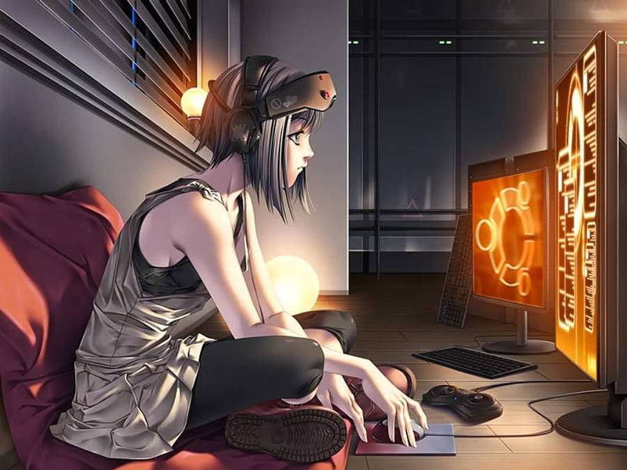 Anime Kızı Dizüstü Bilgisayar Ekranının Yanında Bakıyor Duvar Kağıdı