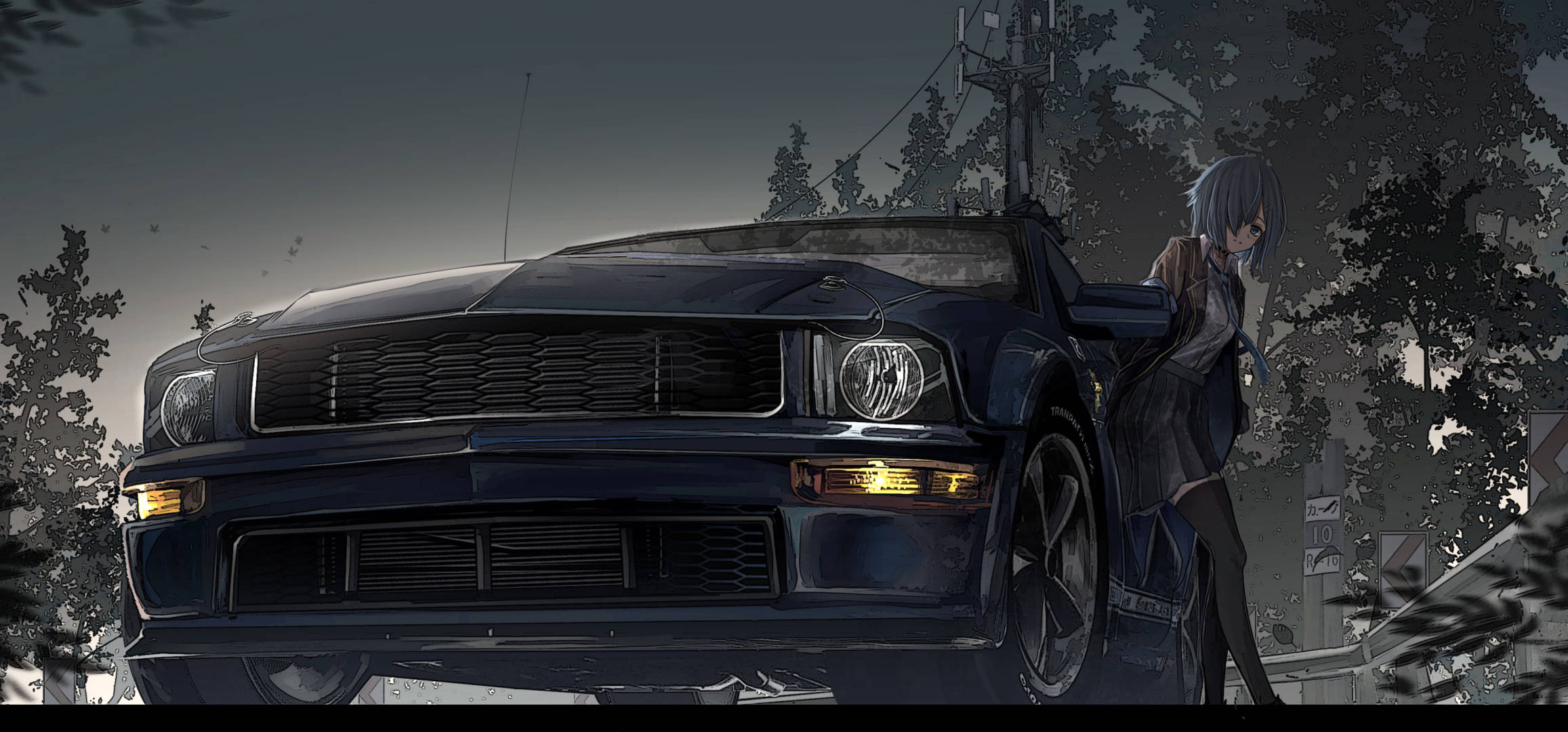 Anime Kızı Mavi Mustang Arabaya Yaslanmış Duvar Kağıdı