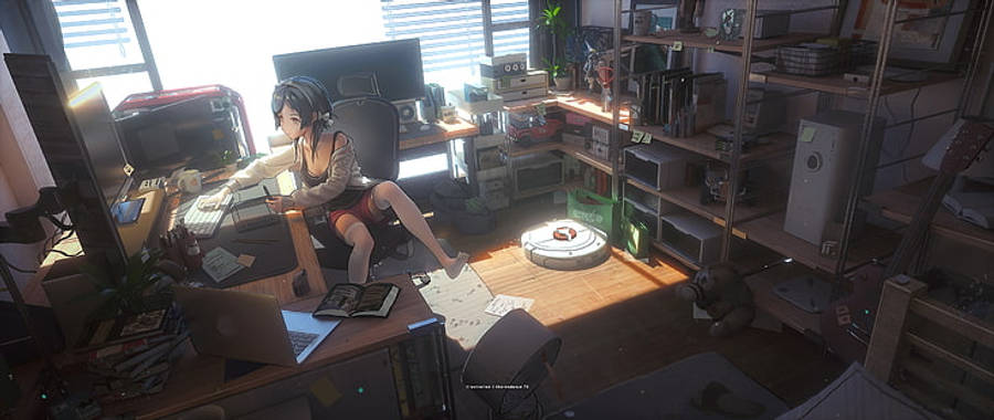 Anime Kızı Rahatça Dizüstü Bilgisayarında Çalışıyor Duvar Kağıdı