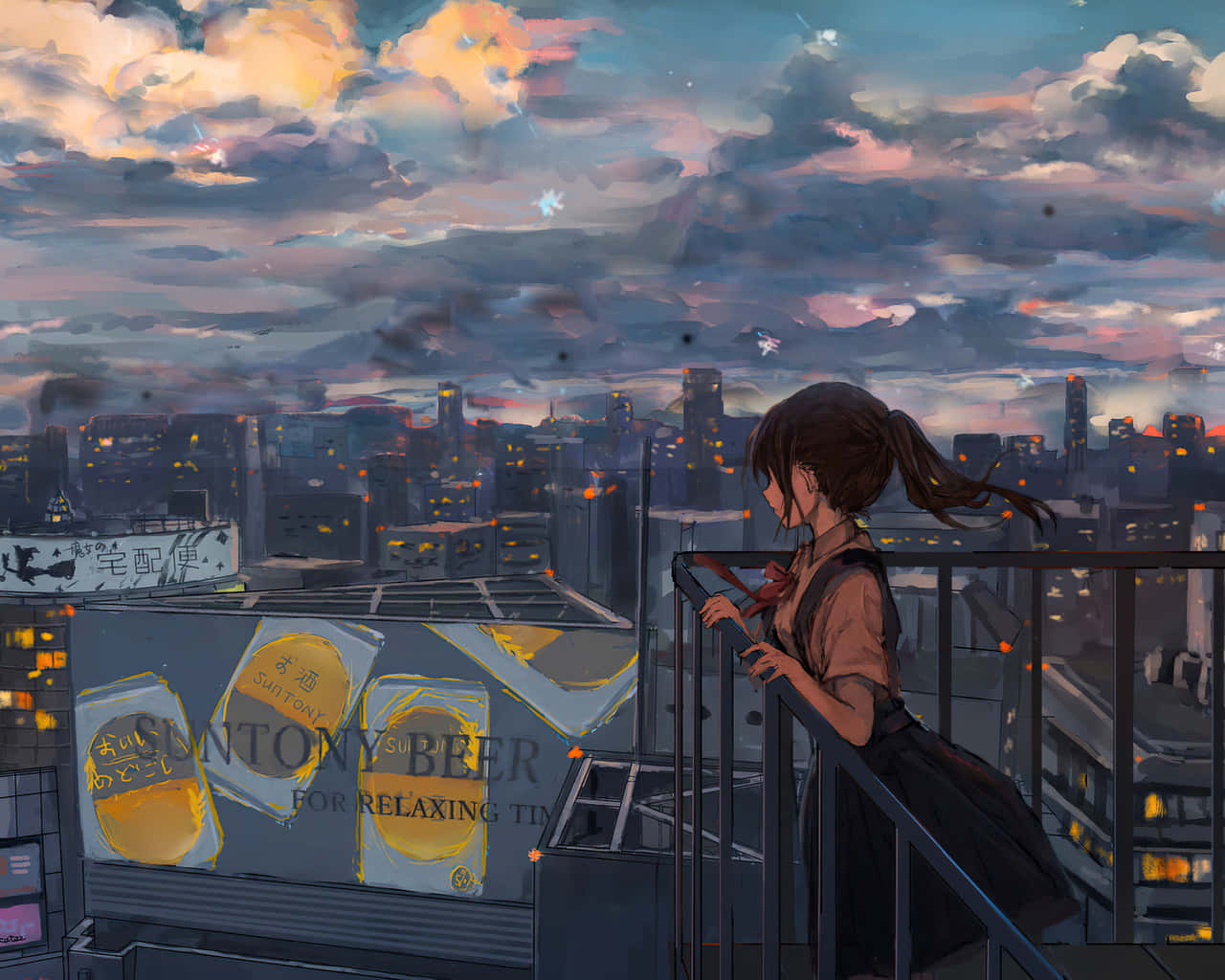 Anime Kızı Şehir Manzarası İnşa Ediyor Duvar Kağıdı