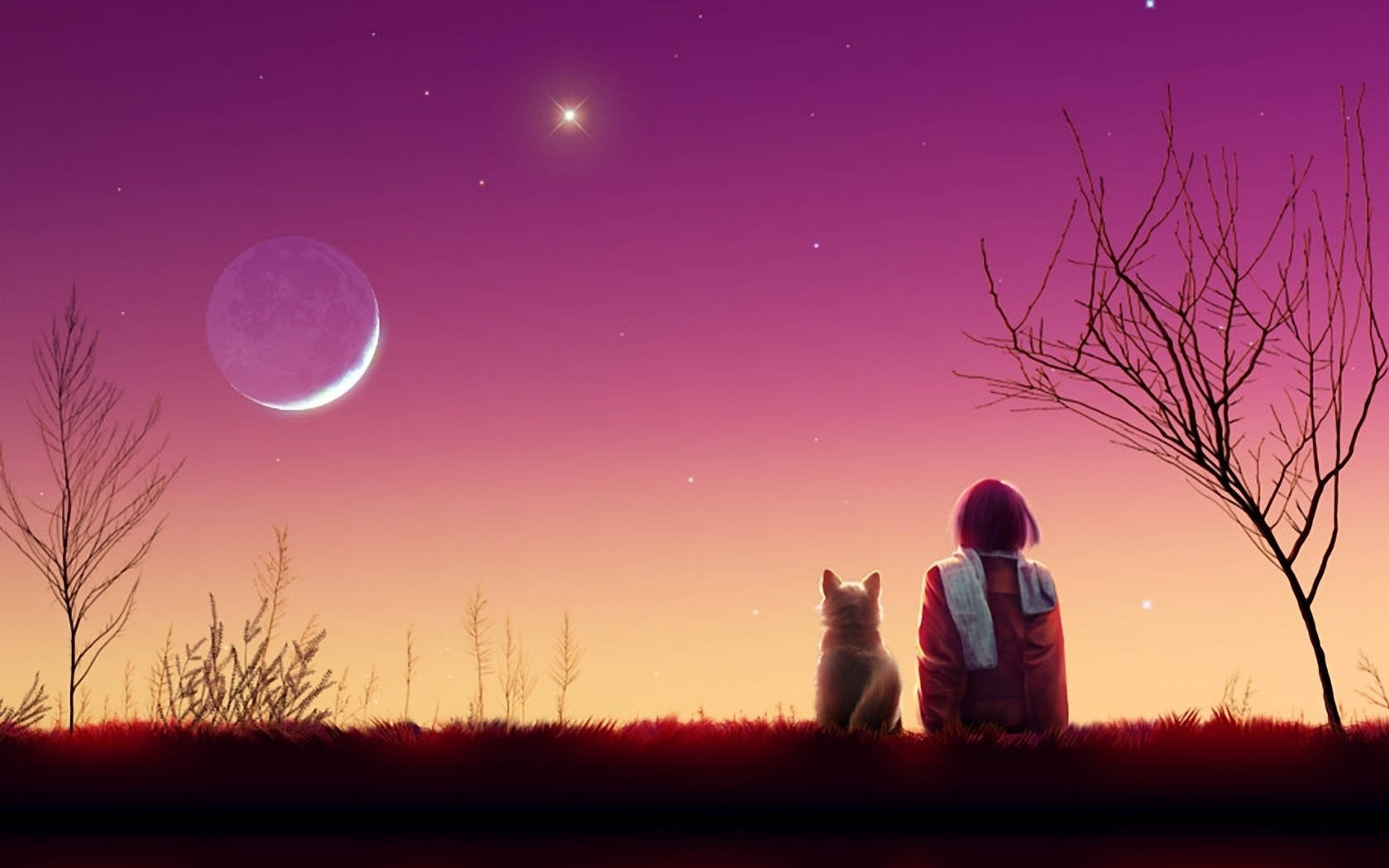 Anime Kızı ve Kedi Estetik Gün Batımı Duvar Kağıdı