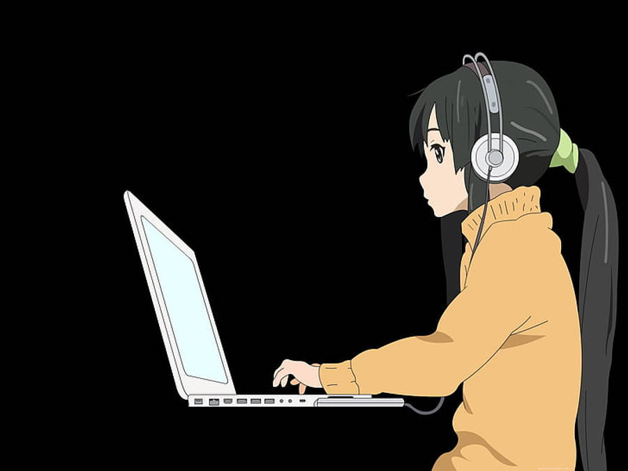 Anime Kızı Beyaz İnce Dizüstü Bilgisayarda Çalışıyor Duvar Kağıdı