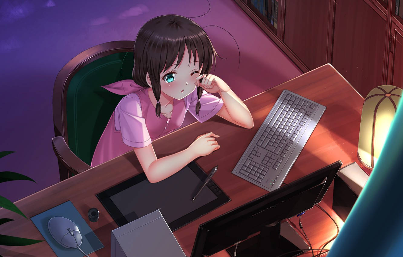 Anime Kızı Dizüstü Bilgisayarın Önünde Uykusunu Tutuyor Duvar Kağıdı