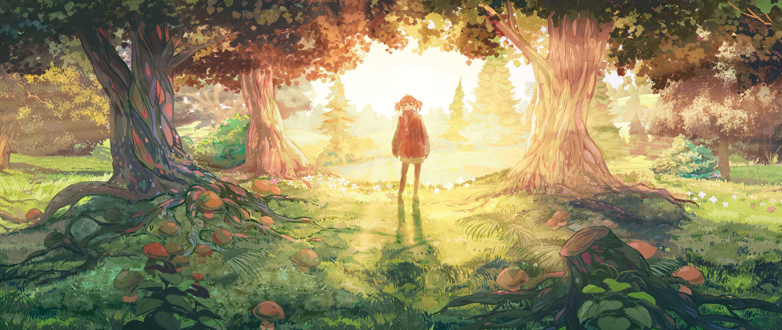Anime kızı ormanın huzurunun tadını çıkarıyor Duvar Kağıdı