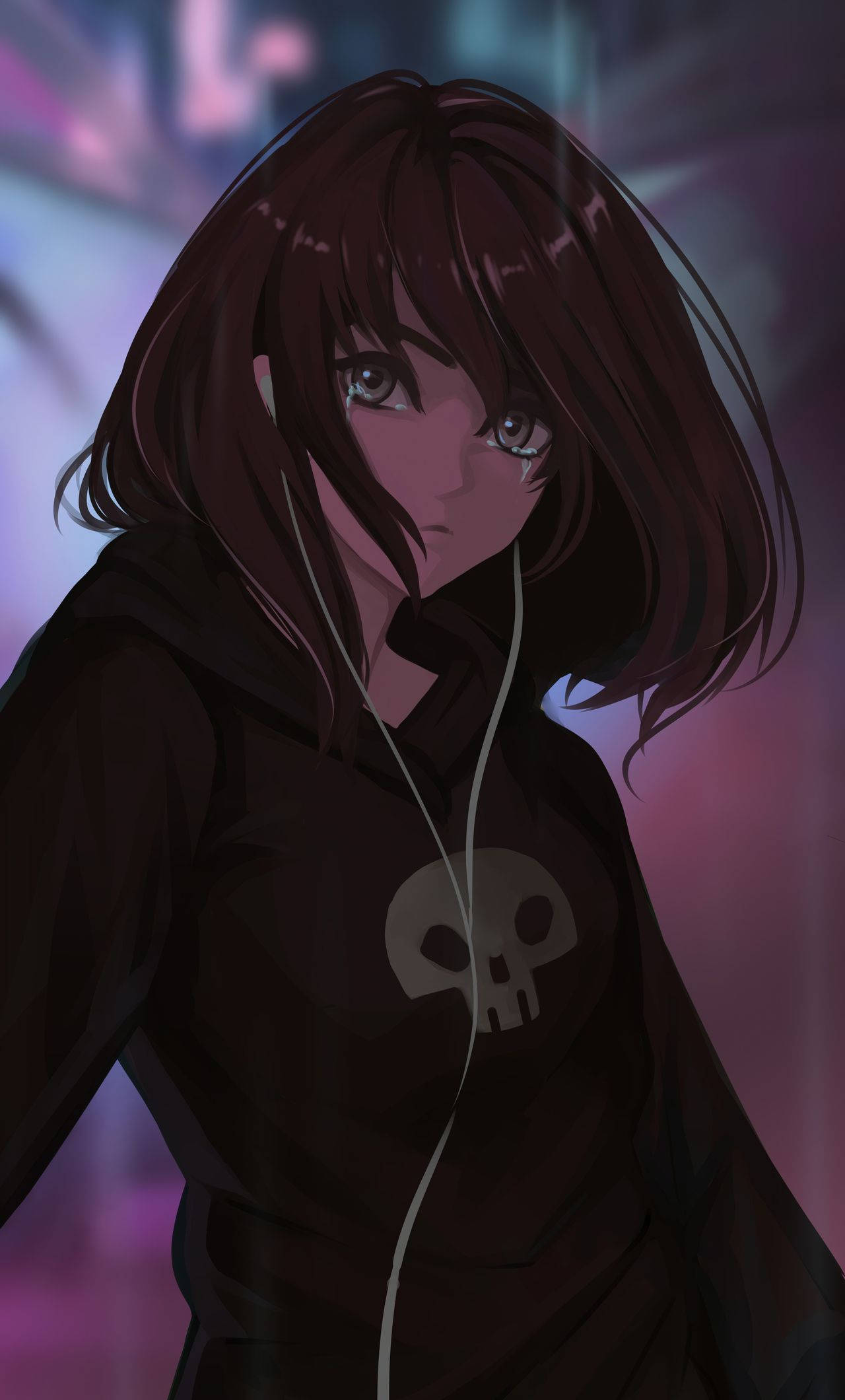 Anime Kızı Siyah Kafatası Kapüşonlu Duvar Kağıdı