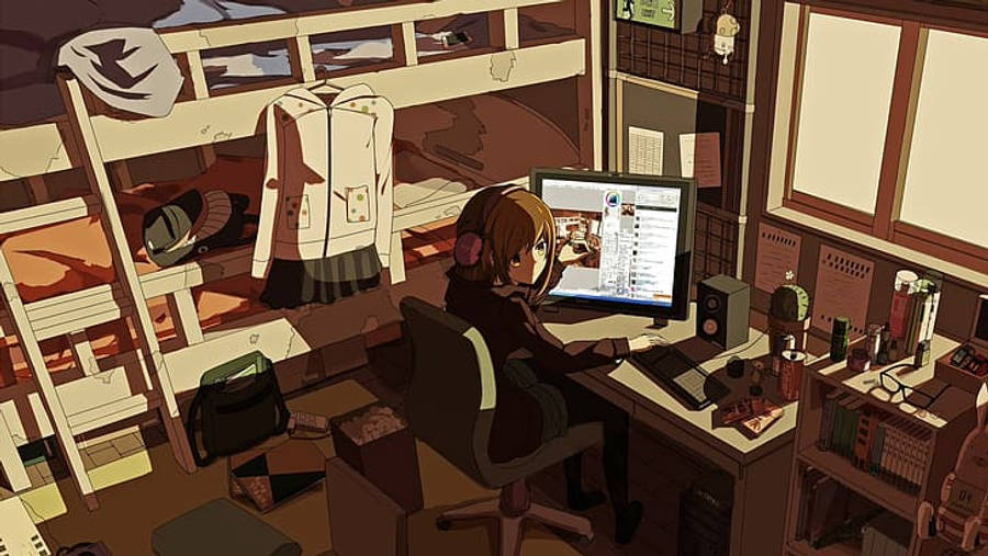 Anime Kızının Gölgelerle Aydınlanan Dizüstü Bilgisayar Çalışma İstasyonu Duvar Kağıdı