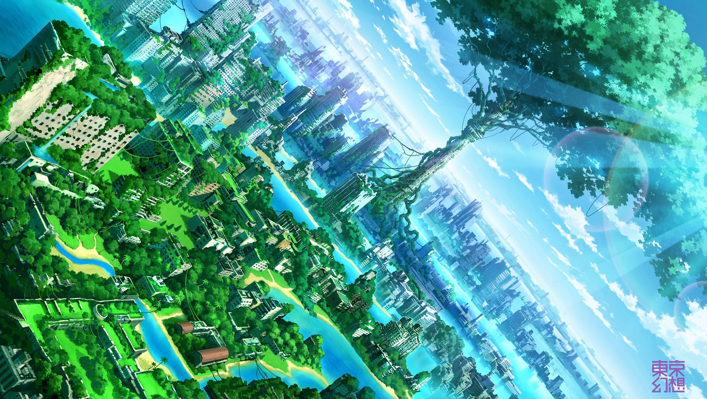 Anime Manzaralı Yeşillik Şehir Duvar Kağıdı