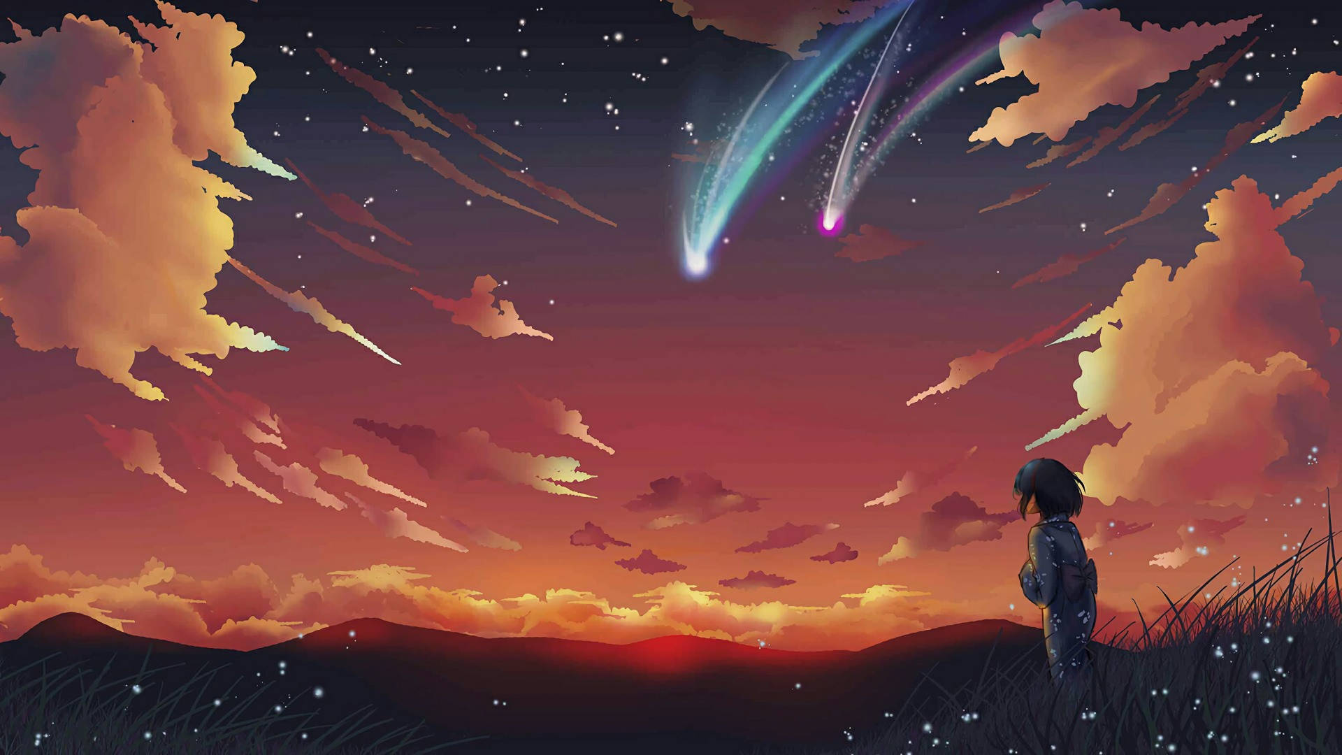 Anime Manzarası Kayan Yıldızlar Duvar Kağıdı