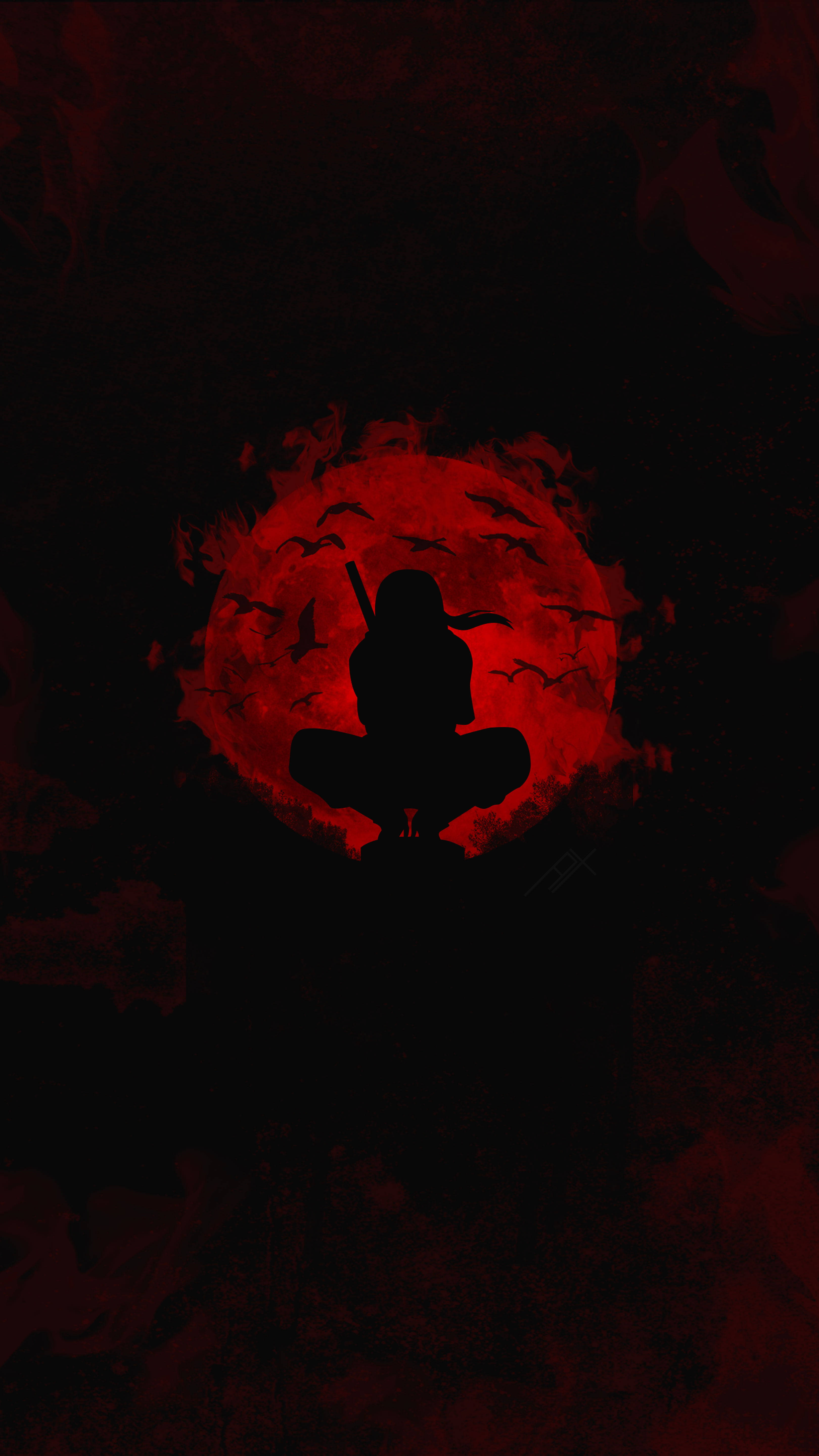 Anime Ninja Uchiha Itachi PFP Kırmızı Ay Silüeti Duvar Kağıdı