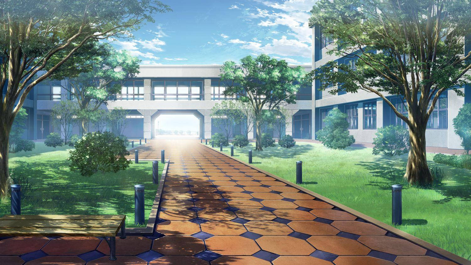 Anime Okul Manzarası Fayanslı Yol Duvar Kağıdı