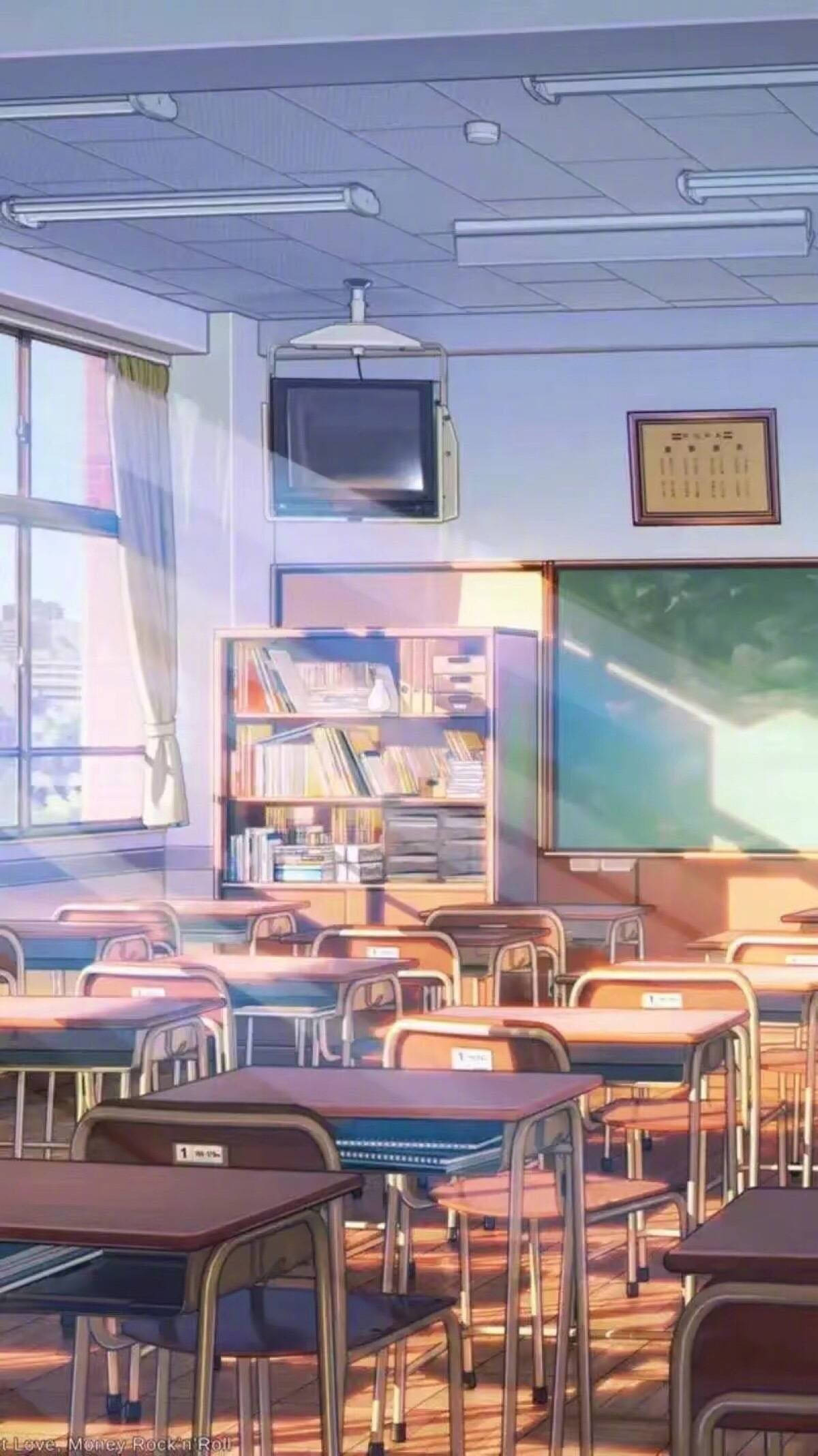 Anime Okul Manzarası Duvarda TV Olan Sınıf Duvar Kağıdı