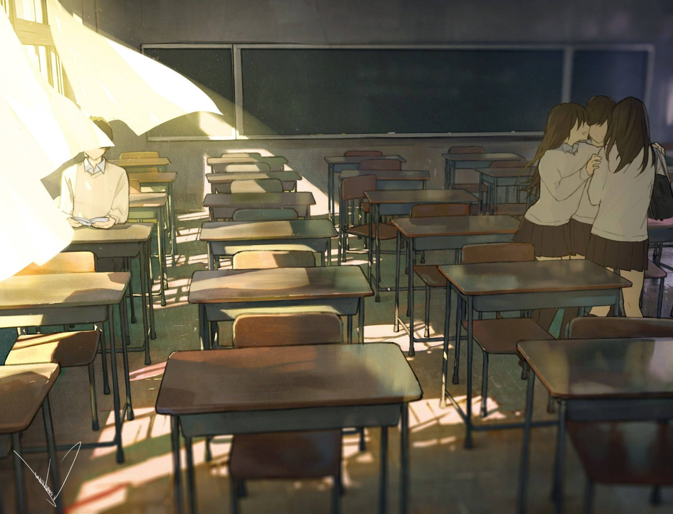 Anime Okul Manzarası Karanlık Sınıftaki Öğrenciler Duvar Kağıdı