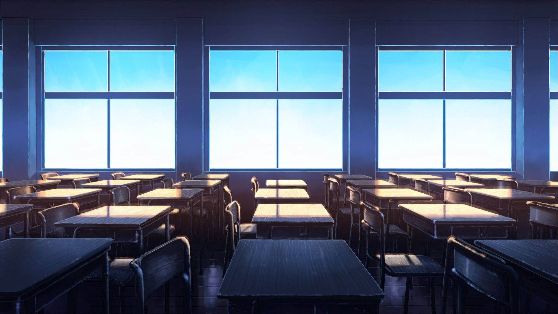 Anime Okul Manzarası Pencereli Sınıf Duvar Kağıdı