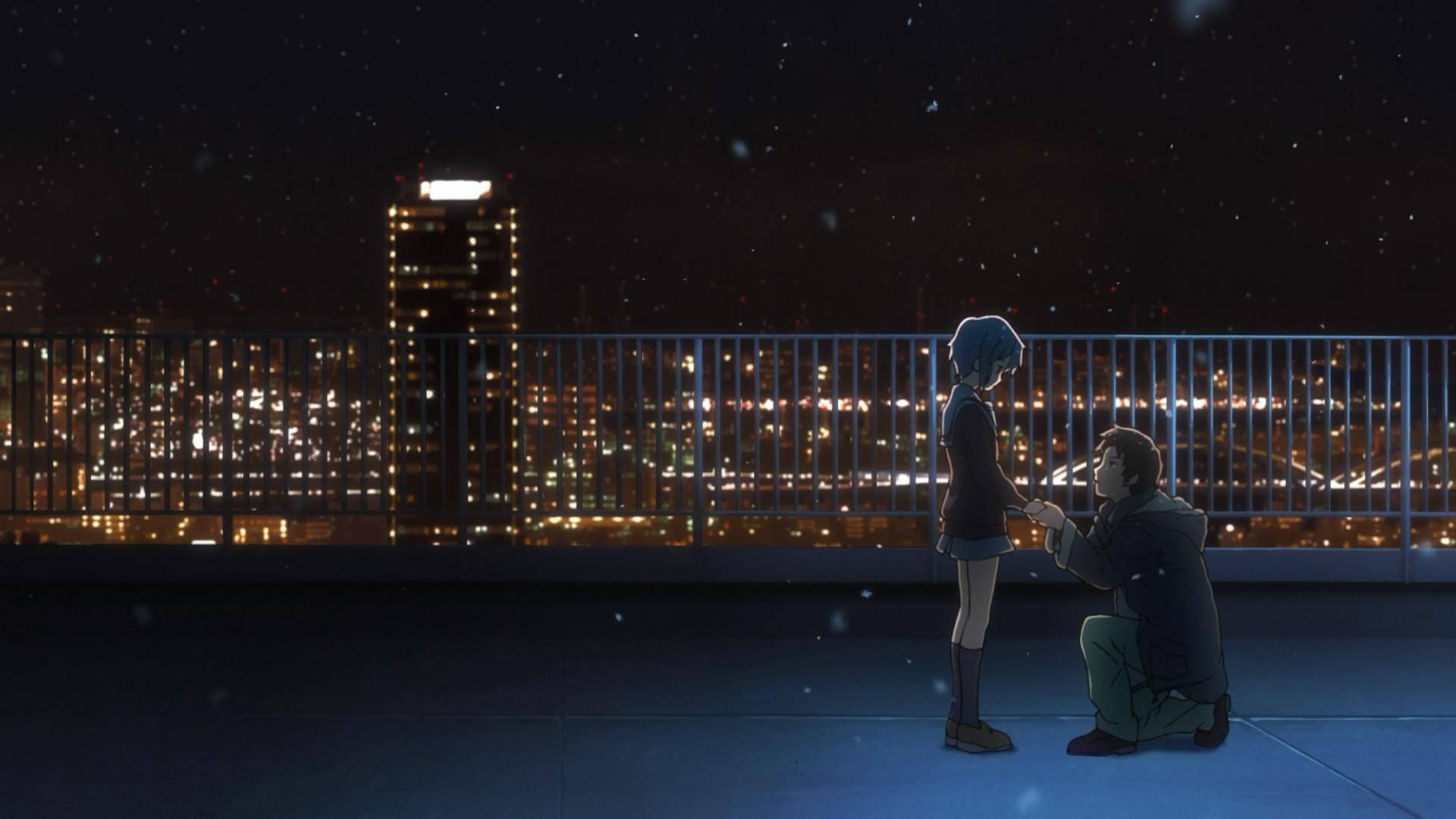 Anime Okul Manzarası Yuki Nagato Kyon Gece Çatıda Duvar Kağıdı