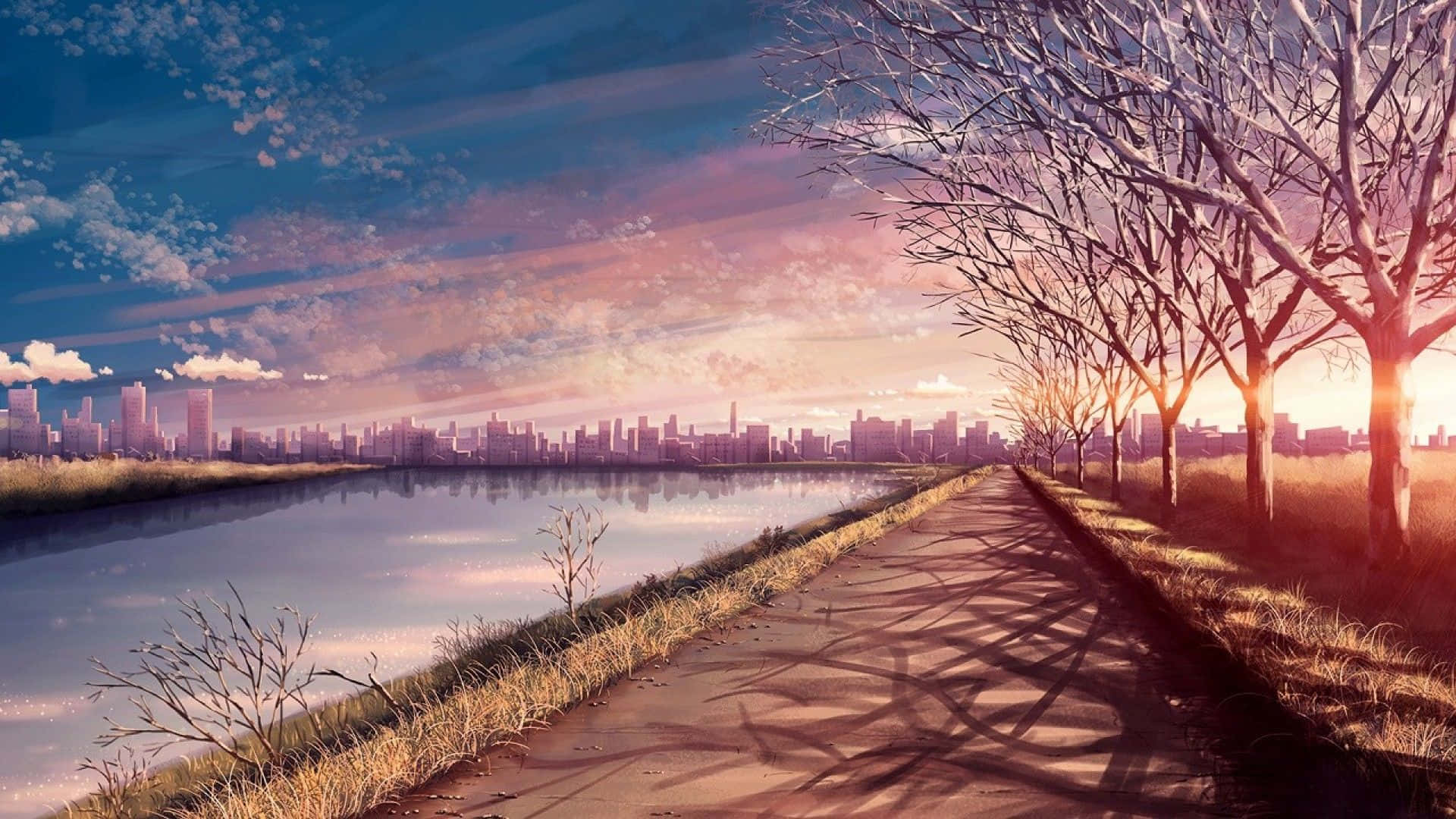 Anime Park Nehir Kenarı Yürüyüş Yolu Arka Planı Duvar Kağıdı