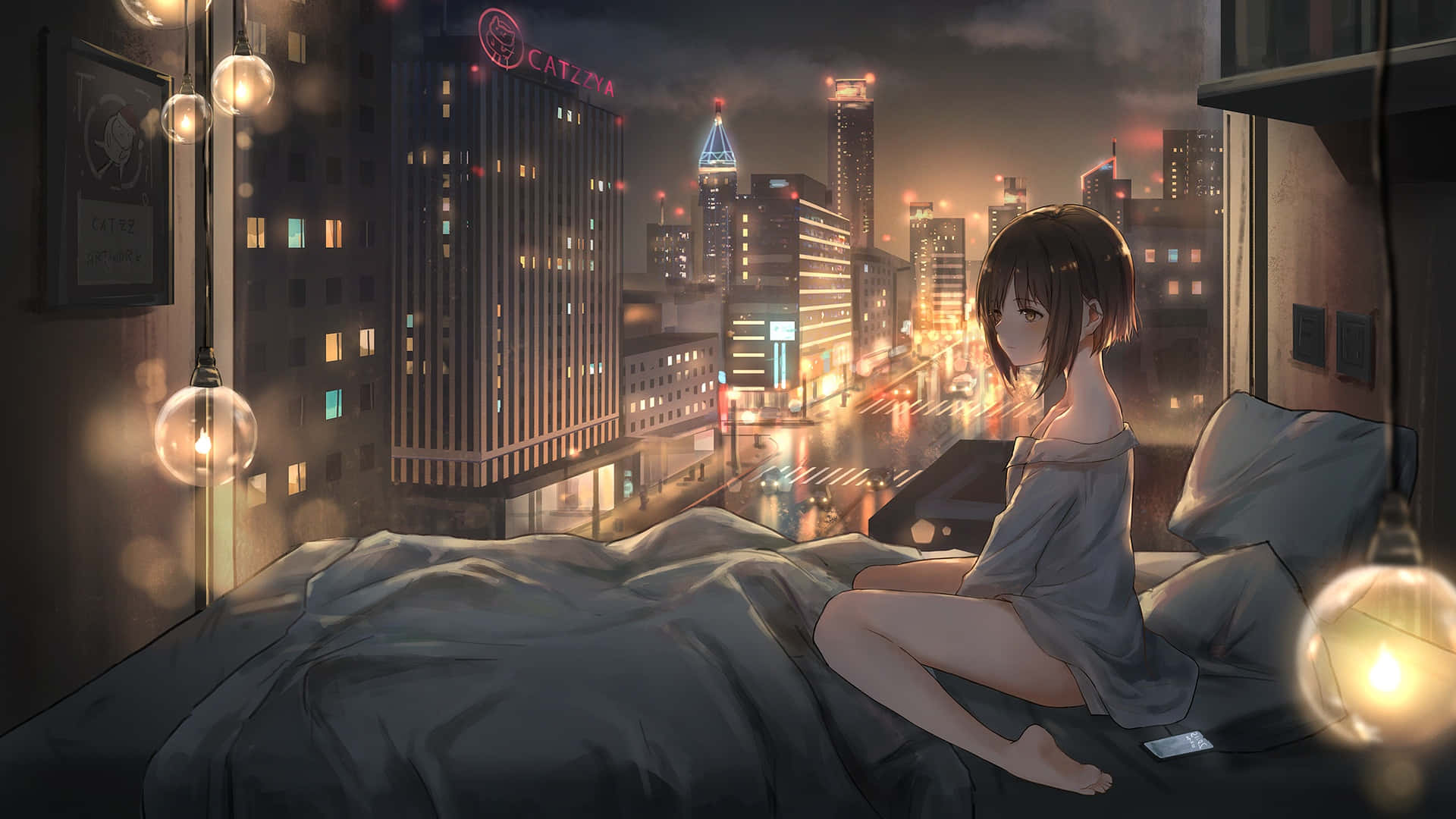 Anime Şehrinin Gökdelenlerle Dolu Gece Manzarası Duvar Kağıdı