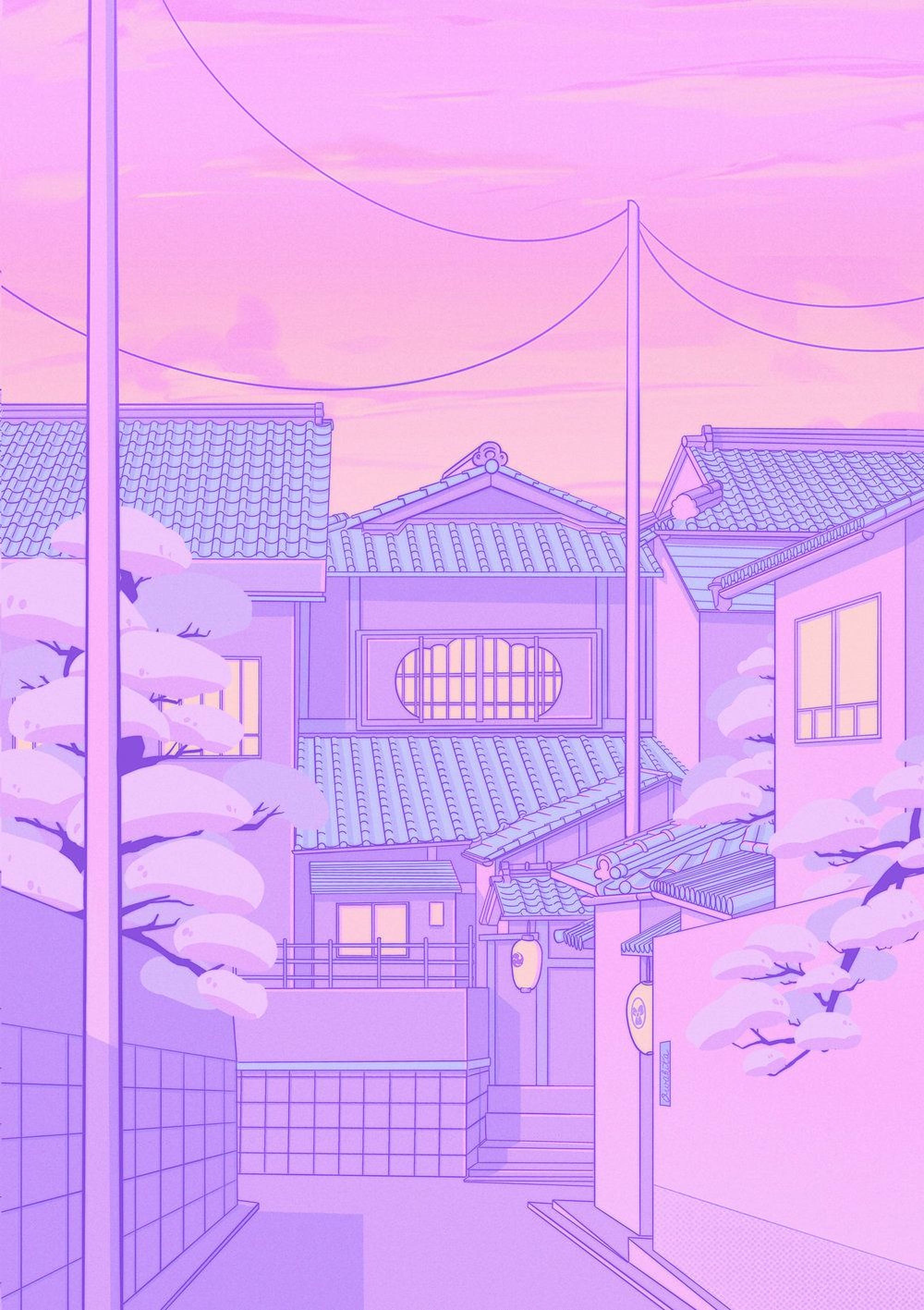 Anime Sokağı Pastel Gökyüzü Arka Planı Duvar Kağıdı